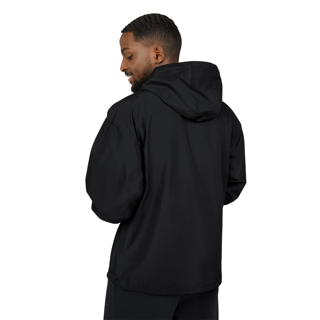 Person wearing a black hoodie from behind on a white background