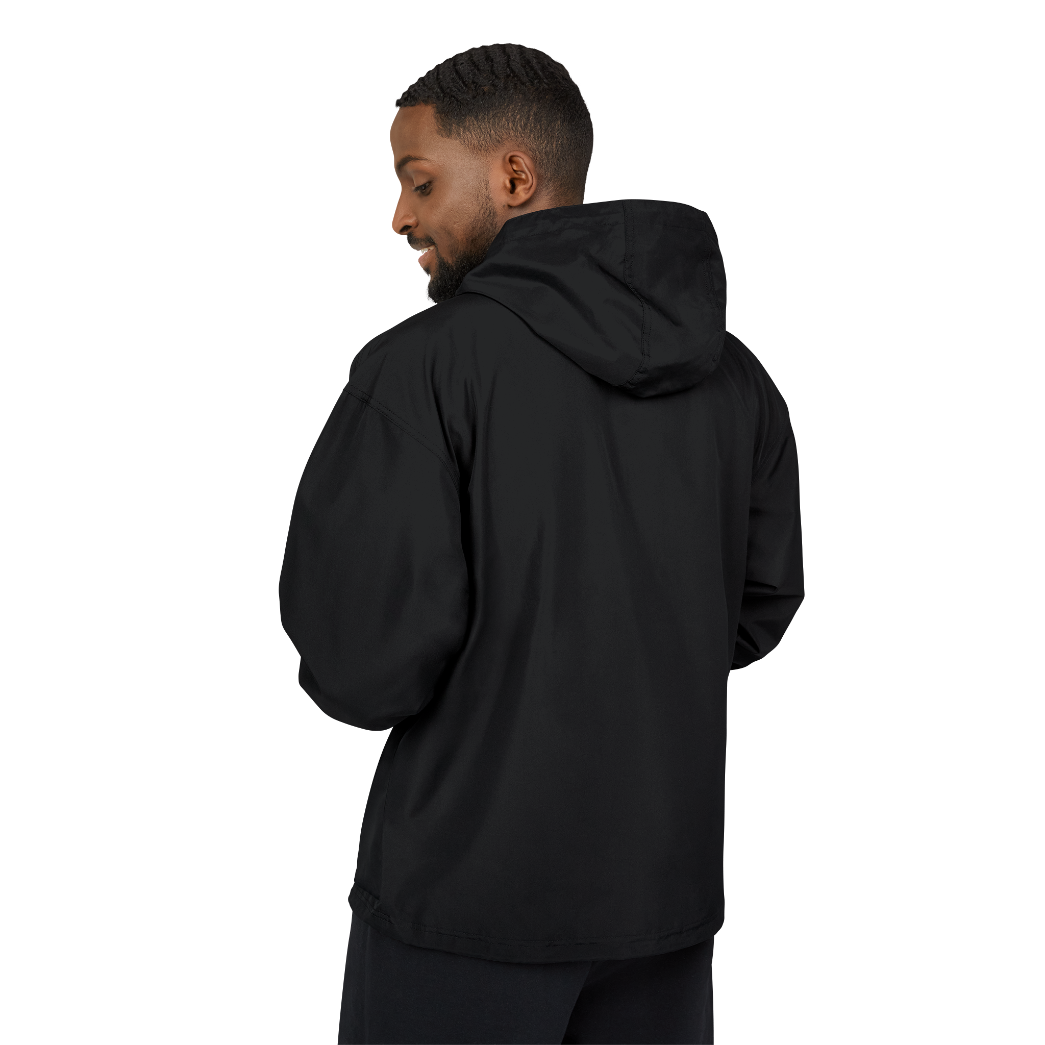 Person wearing a black hoodie from behind on a white background