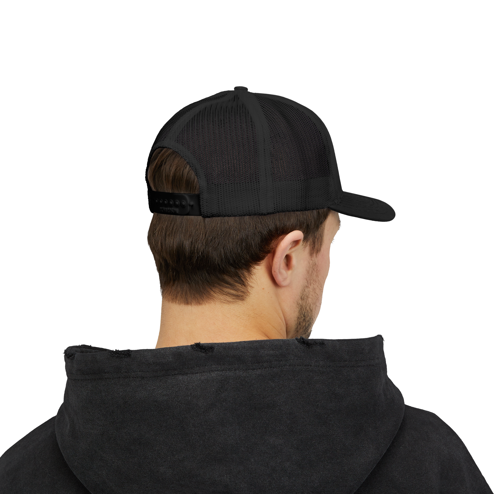 Person wearing a black cap and black hoodie on a white background