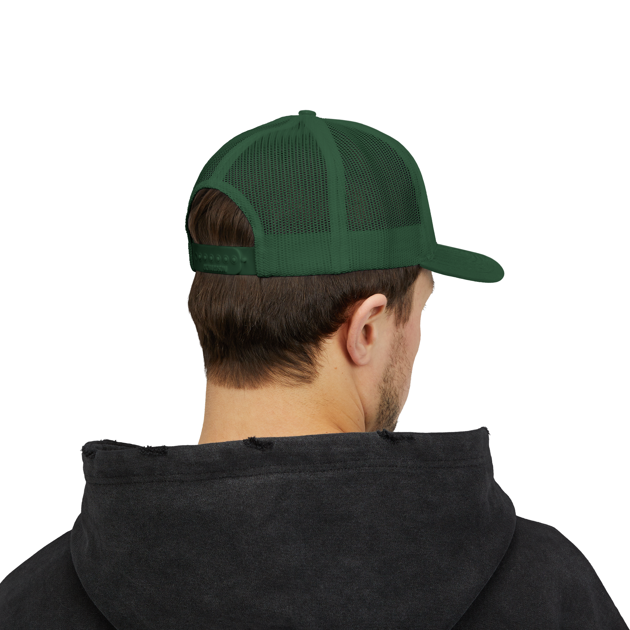 Person wearing a green cap and black hoodie on a white background