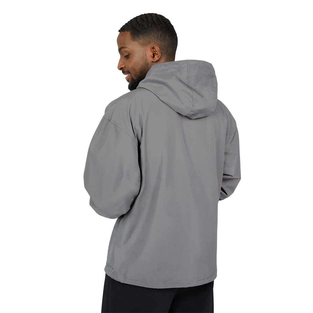 Person wearing a gray hooded jacket on a white background