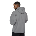 Person wearing a gray hooded jacket on a white background