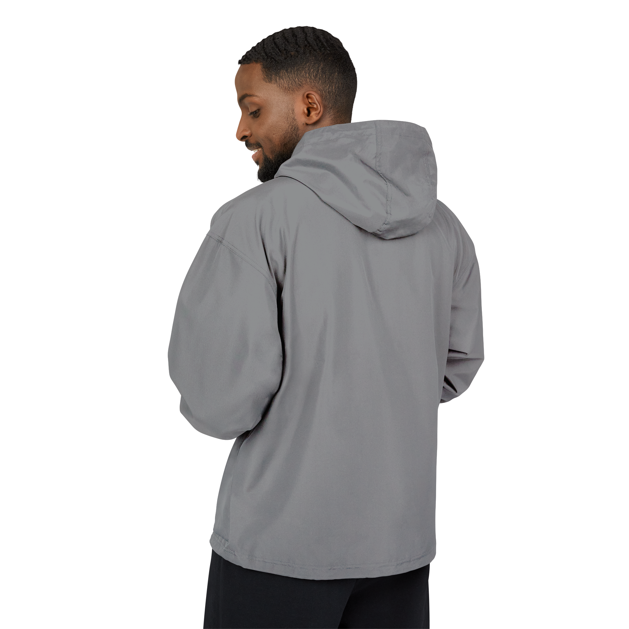 Person wearing a gray hooded jacket on a white background