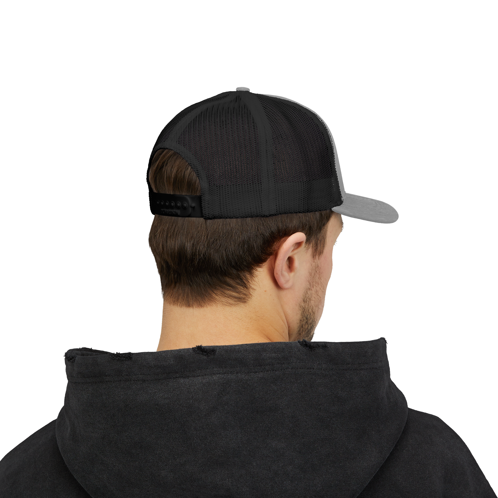 Person wearing a black and gray cap from behind on a white background