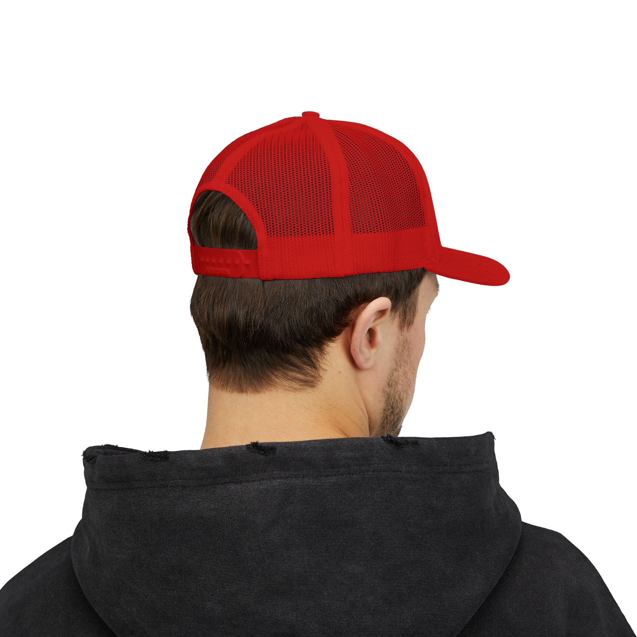 Person wearing a red cap and black hoodie on a white background