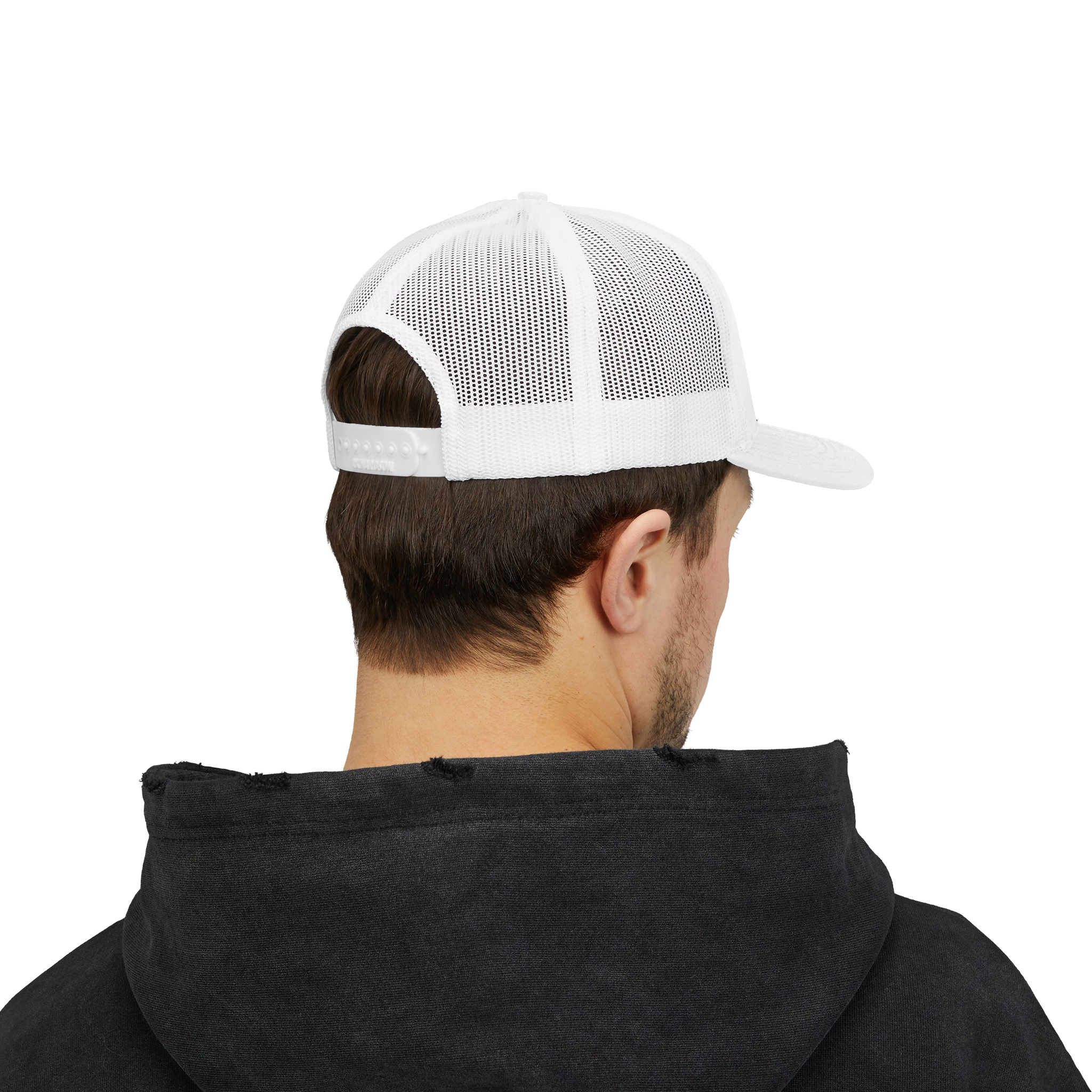 Person wearing a white mesh cap and black hoodie on a white background