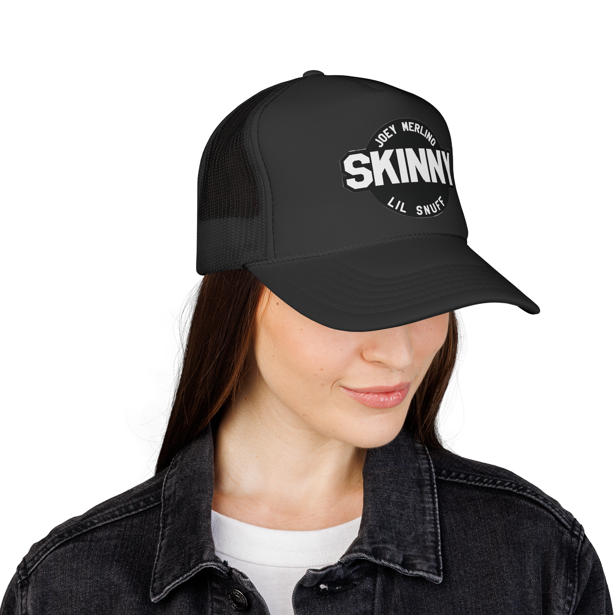 Person wearing a black cap with 'Skinny' text on a white background