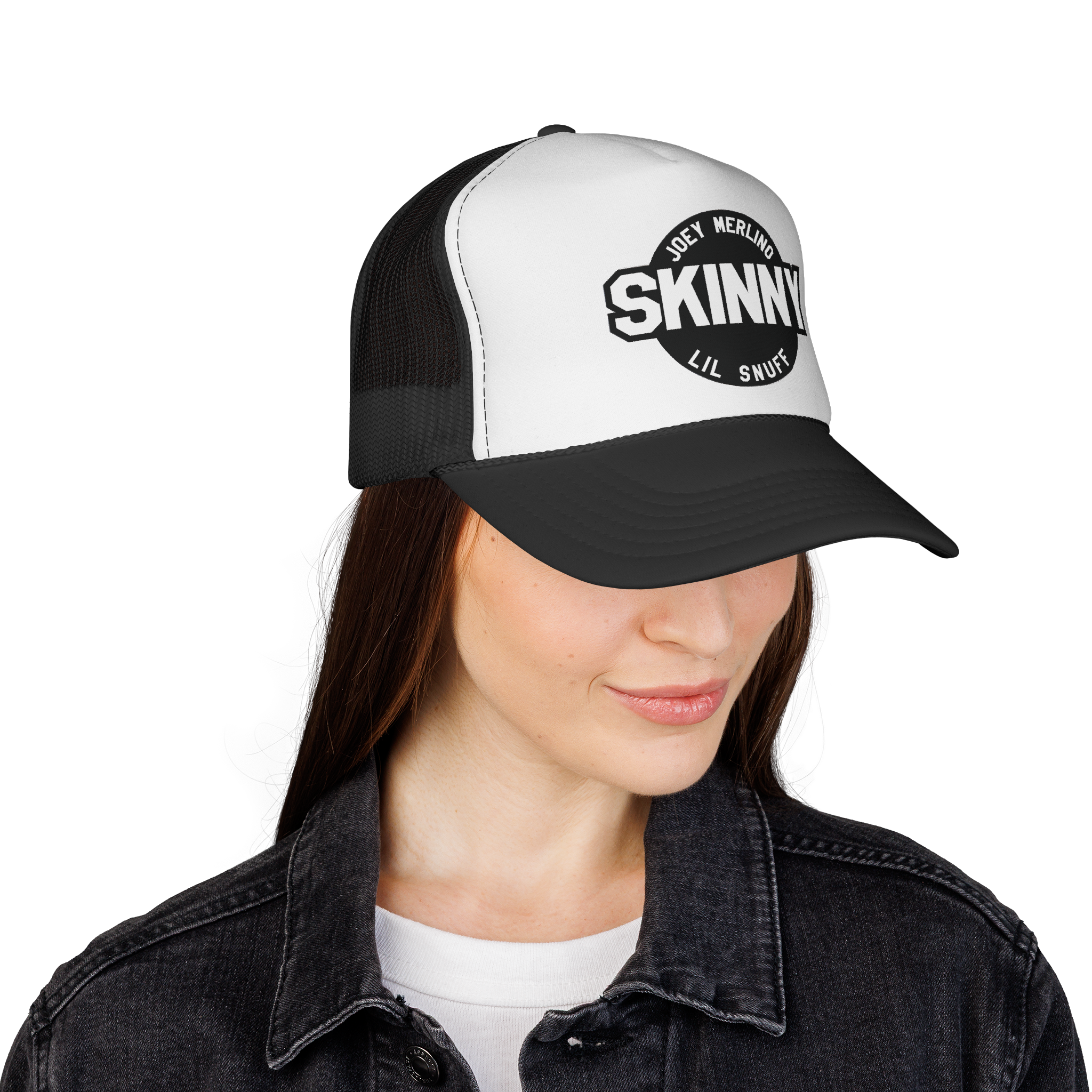 Person wearing a black and white cap with 'Skinny' branding on a white background