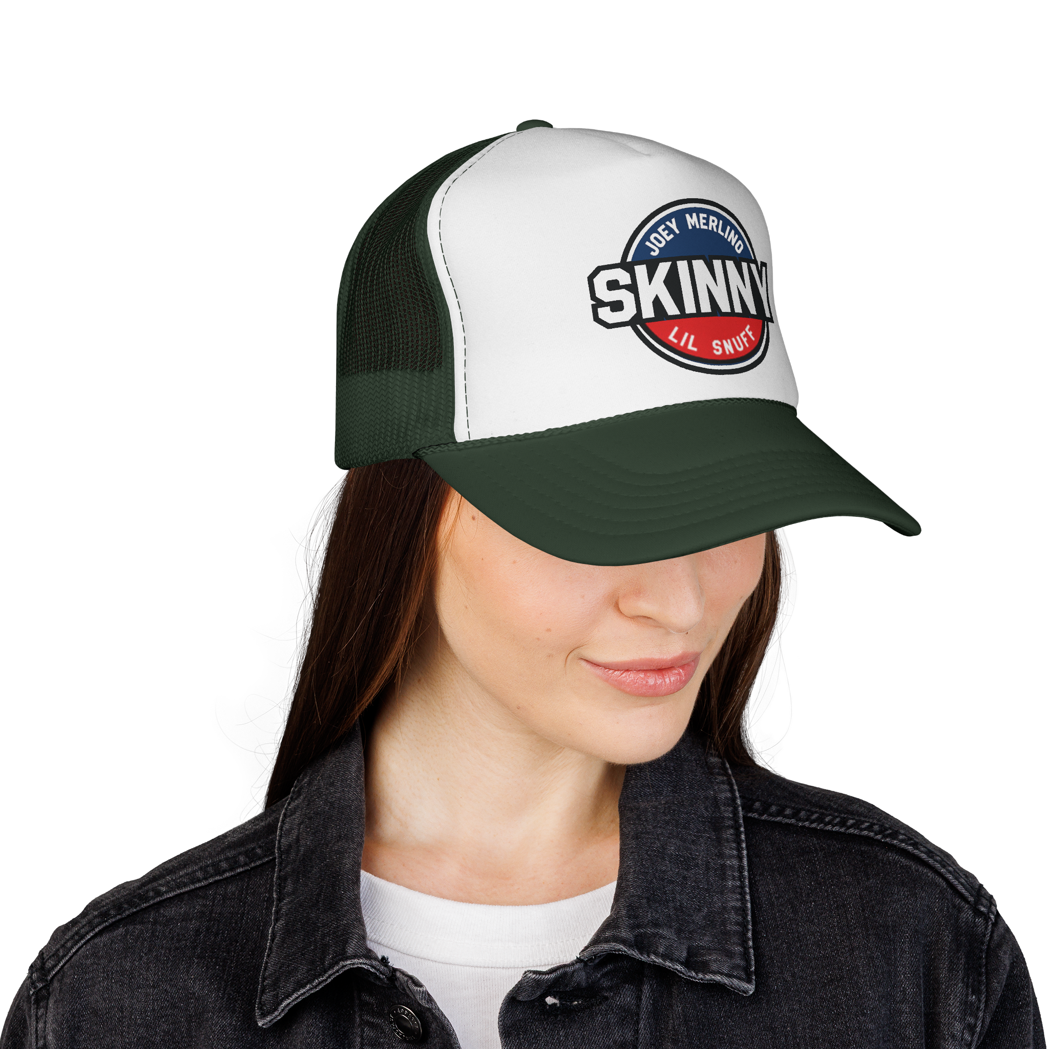 Person wearing a cap with 'Skinny' logo on a white background
