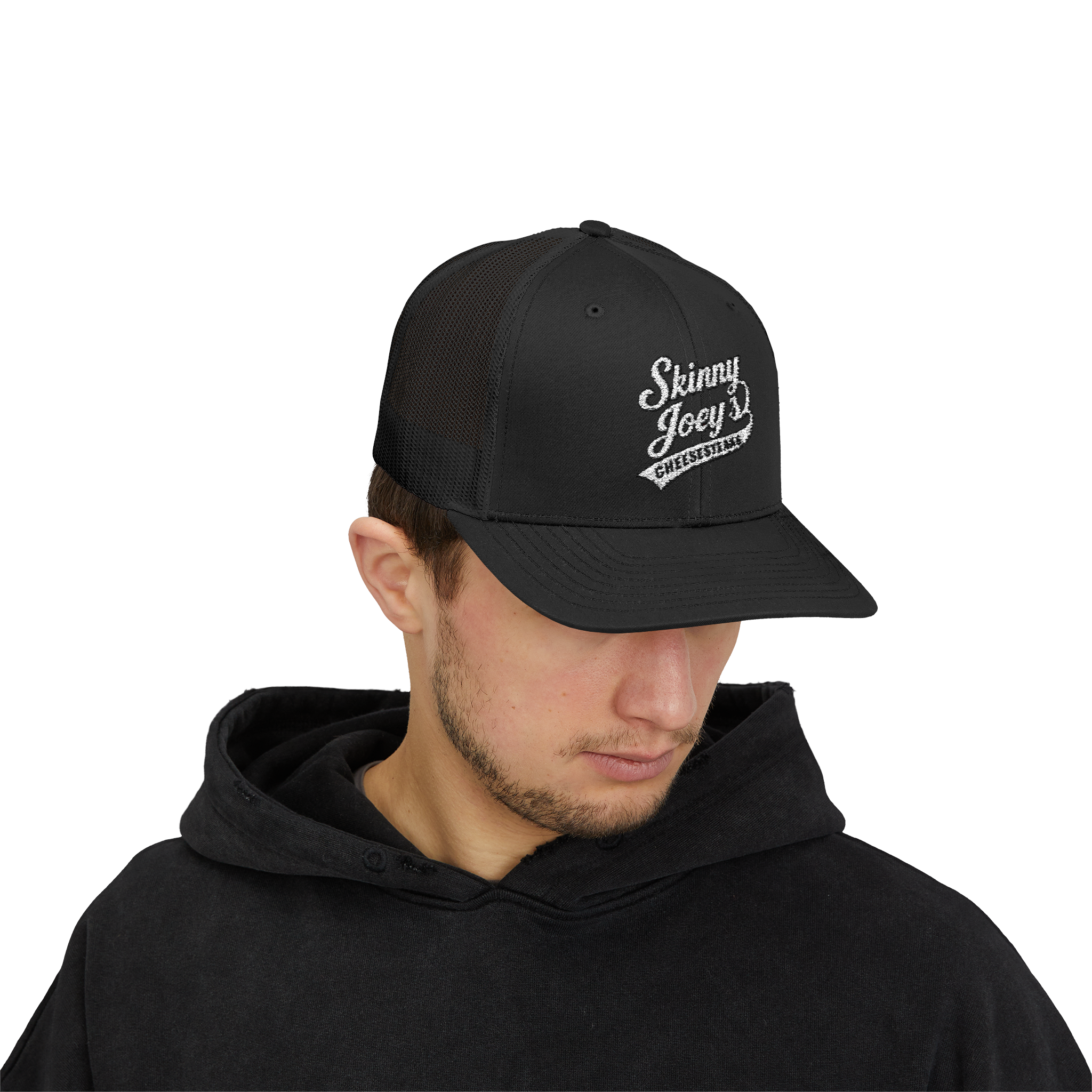 Person wearing a black cap with 'Skinny Joey' logo on a white background
