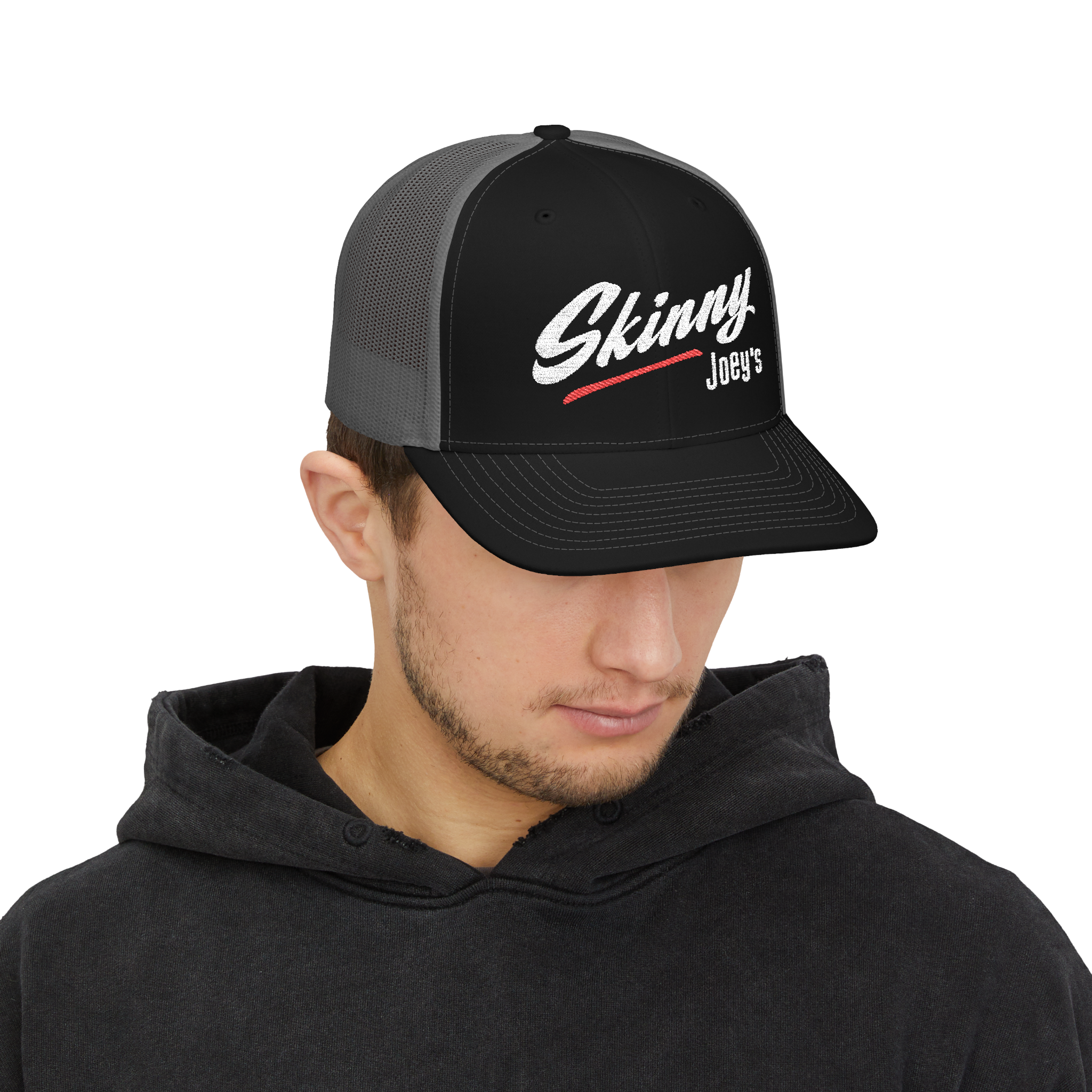 Person wearing a black and gray cap with 'Skinny Joey's' logo on a white background