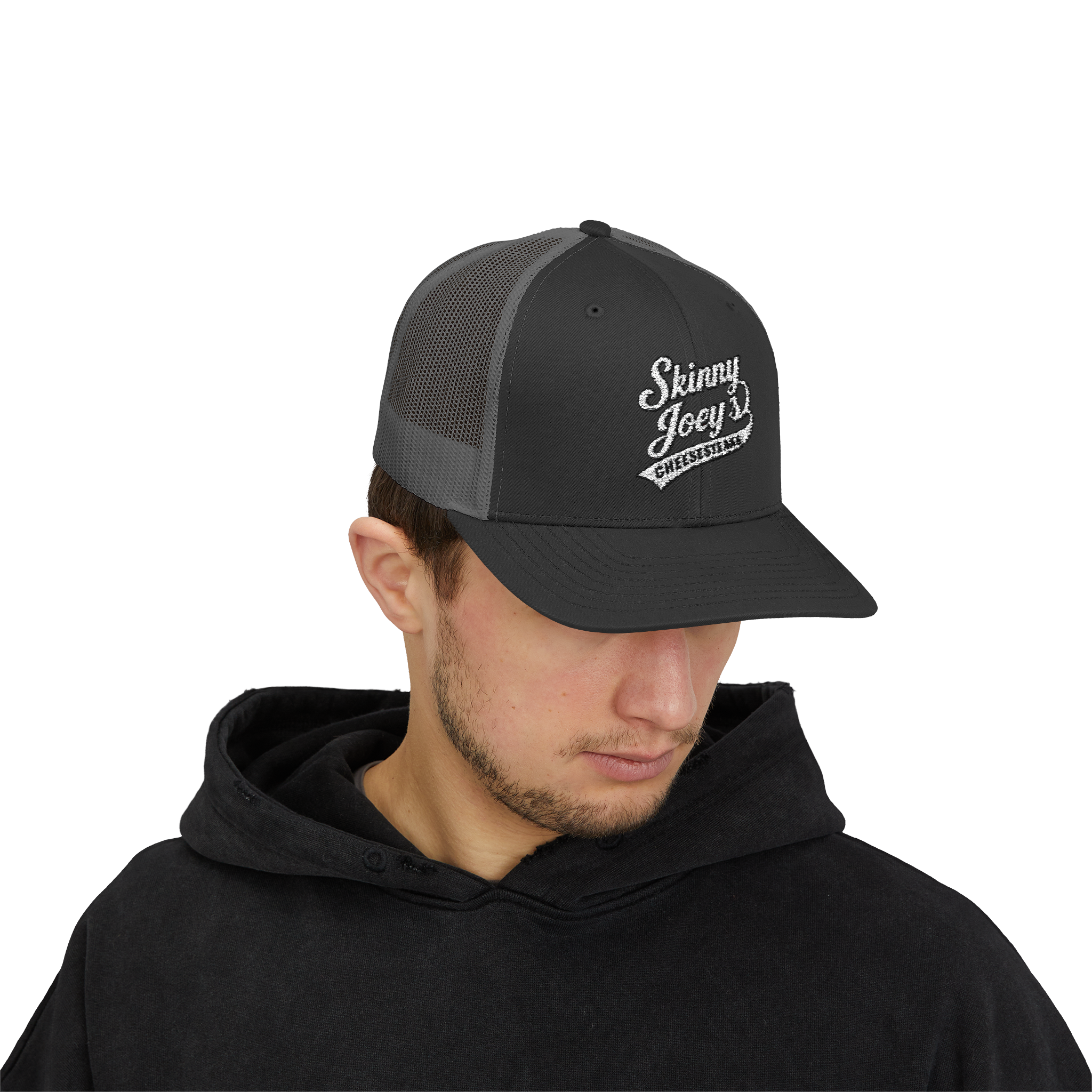 Person wearing a black and gray cap with 'Skinny Joey' logo on a white background