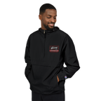 Man wearing a black pullover with a logo on a white background