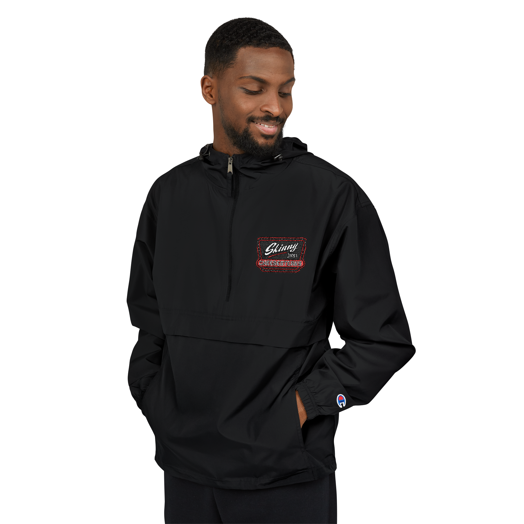 Man wearing a black pullover with a logo on a white background