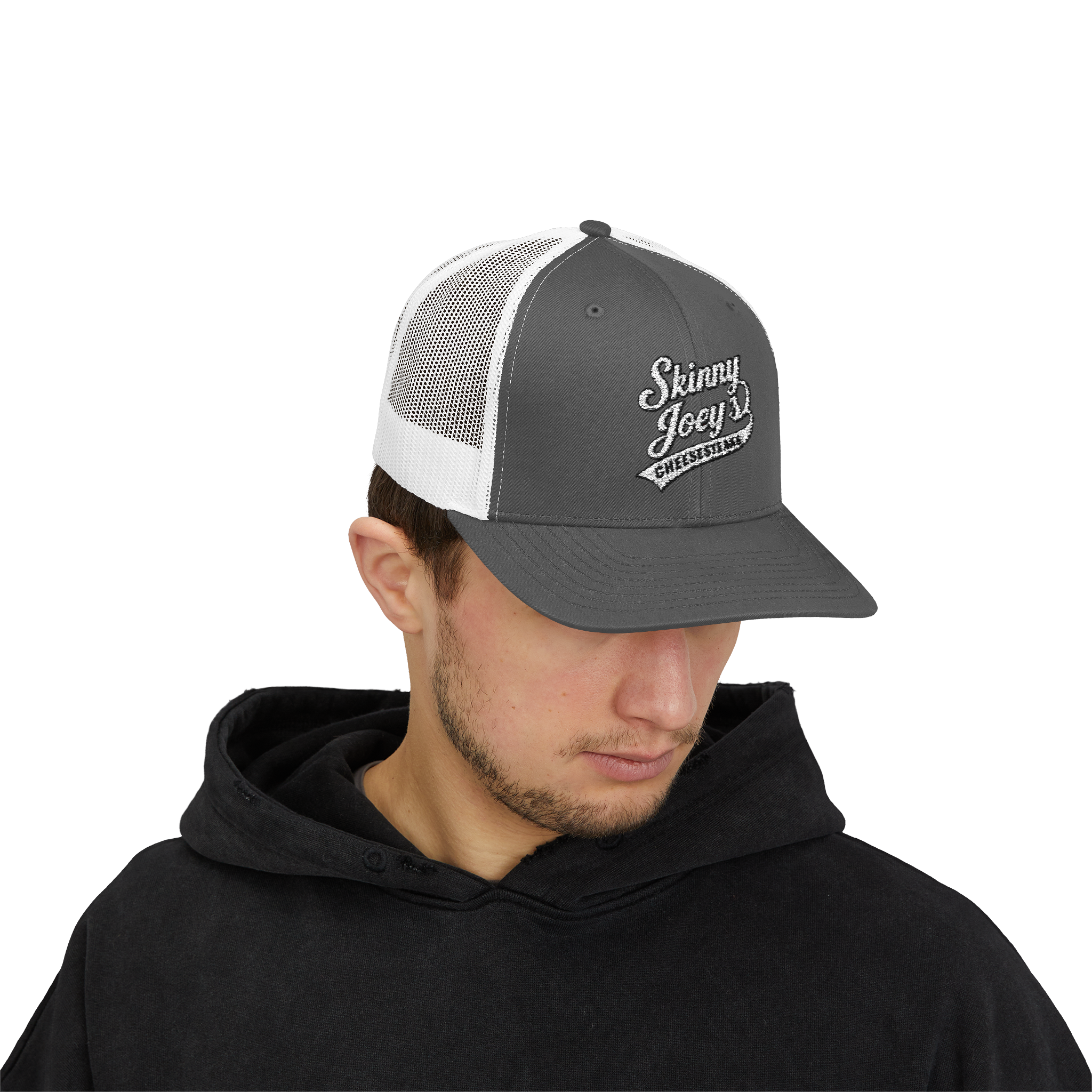 Person wearing a black cap with 'Skinny Joey' logo on a white background
