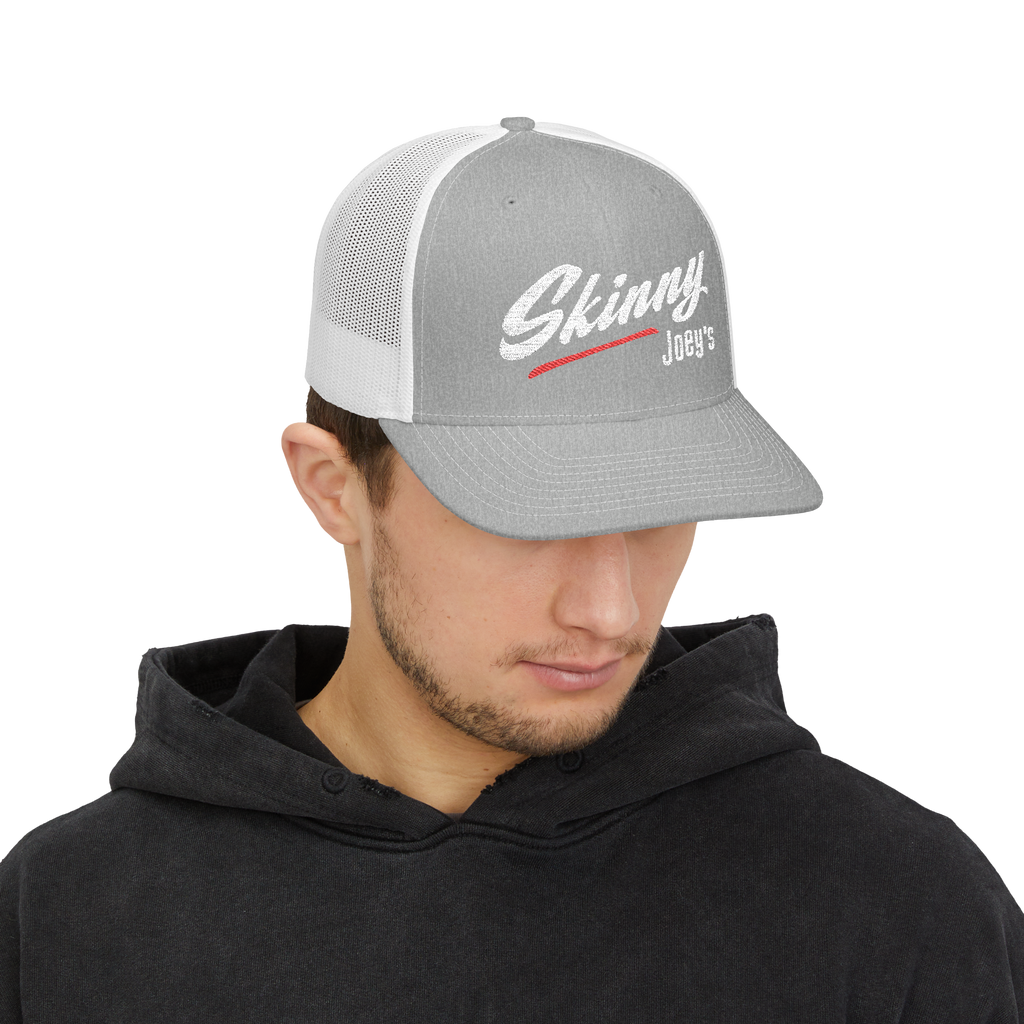 Person wearing a gray and white cap with 'Skinny Joey's' logo on a white background