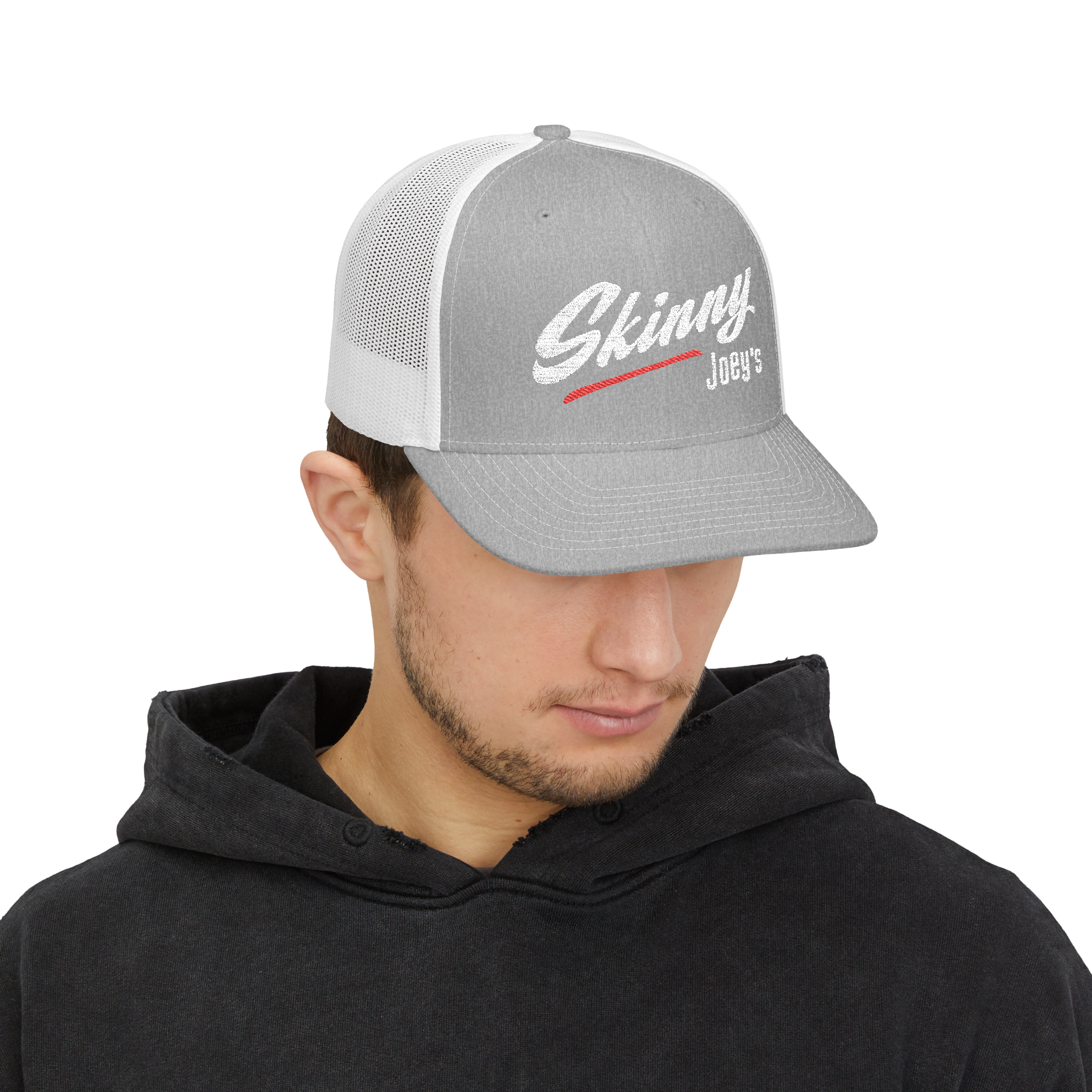 Person wearing a gray and white cap with 'Skinny Joey's' logo on a white background