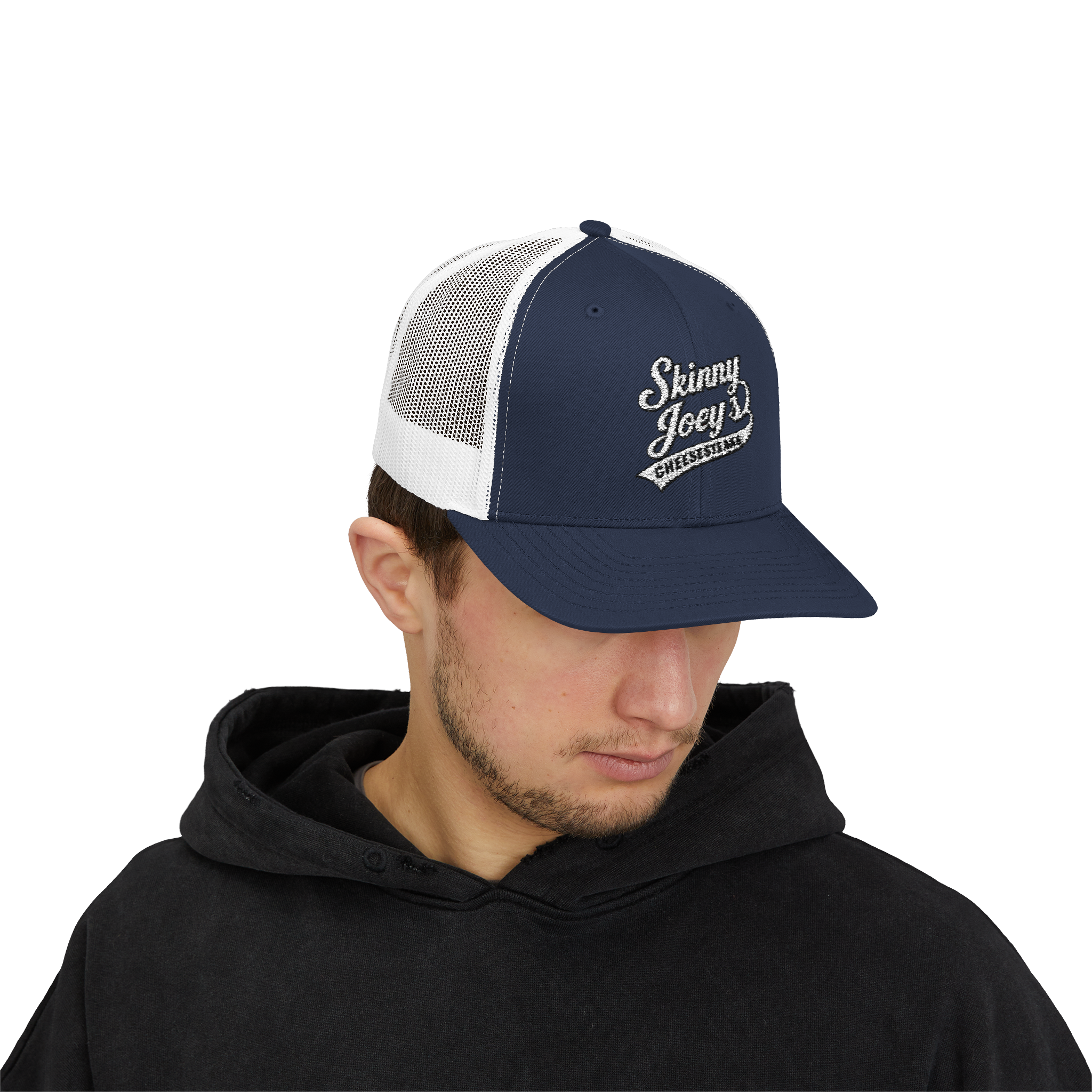 Person wearing a navy and white cap with 'Skinny Joey' logo on a transparent background