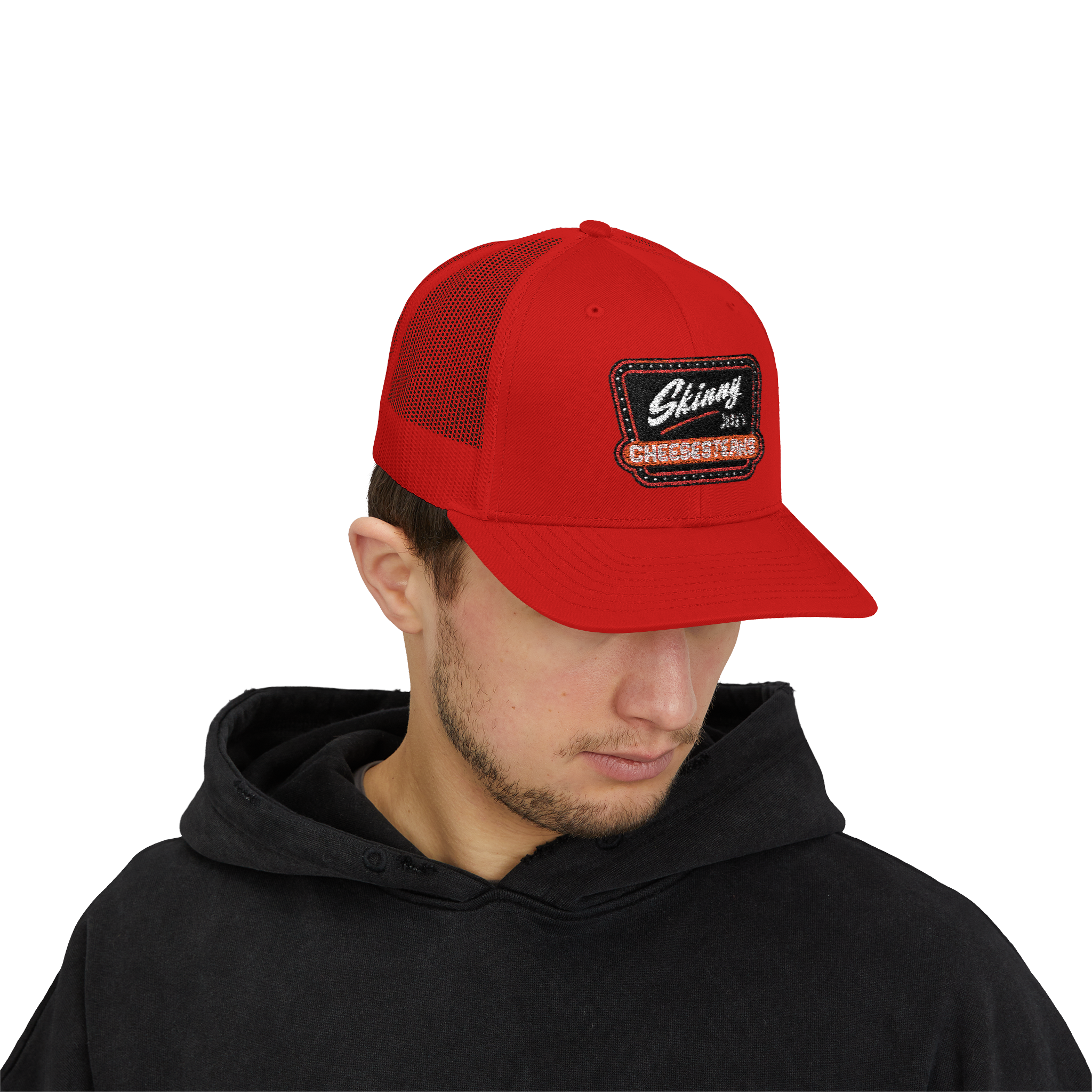 Person wearing a red cap with a logo on a white background