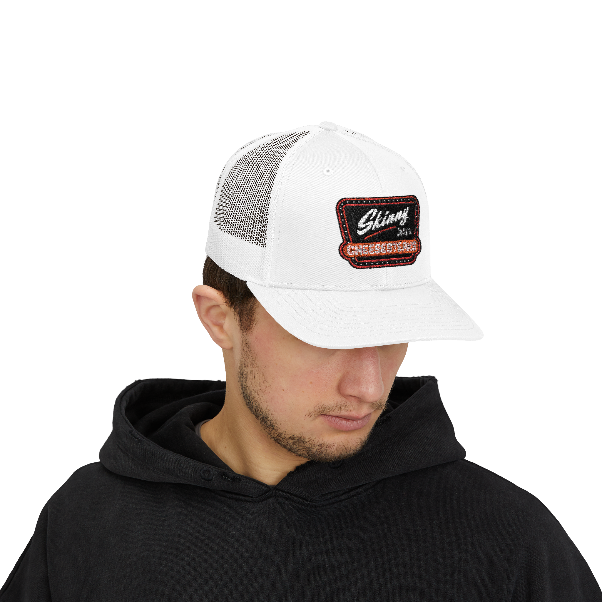 Man wearing a white trucker cap with a logo on a white background