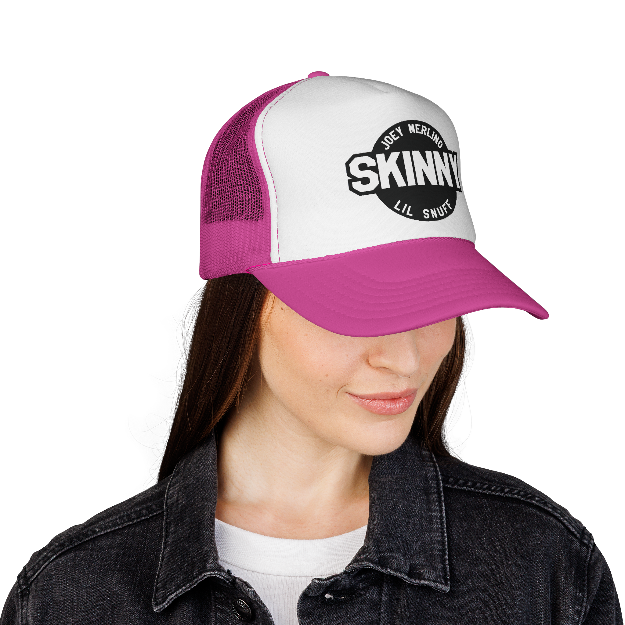 Person wearing a pink and white cap with 'Skinny' logo on a white background