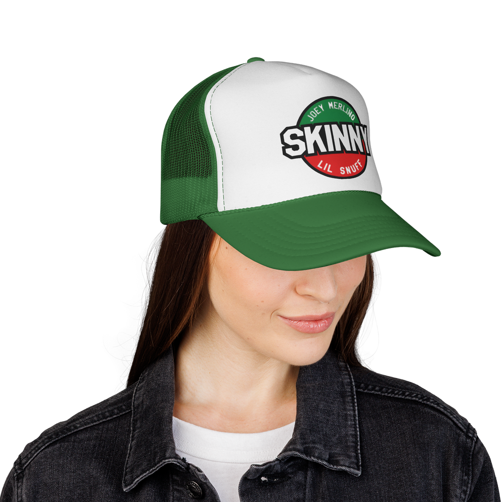 Person wearing a green and white cap with 'Skinny' logo on a white background