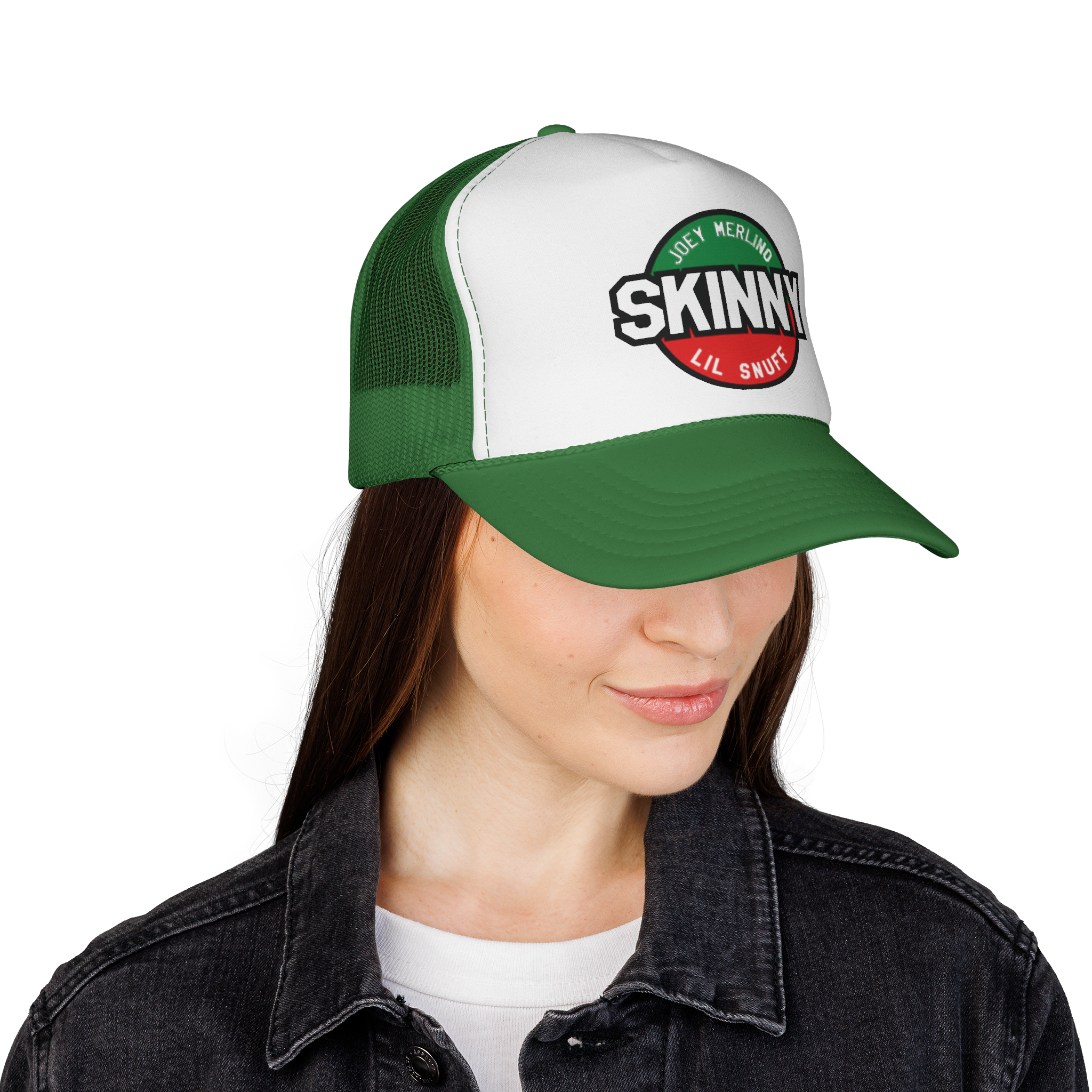 Person wearing a green and white cap with 'Skinny' logo on a white background