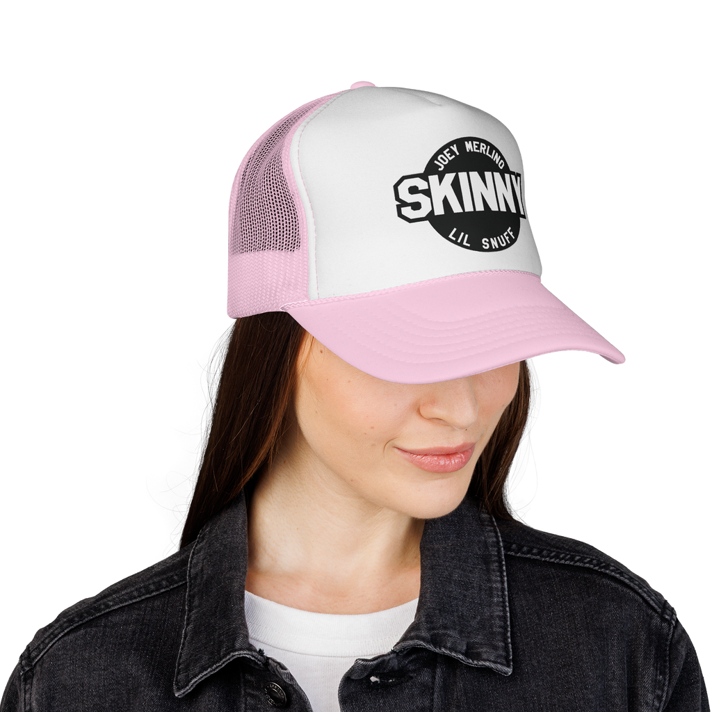Person wearing a white and pink cap with 'Skinny Lil Snout' logo on a white background