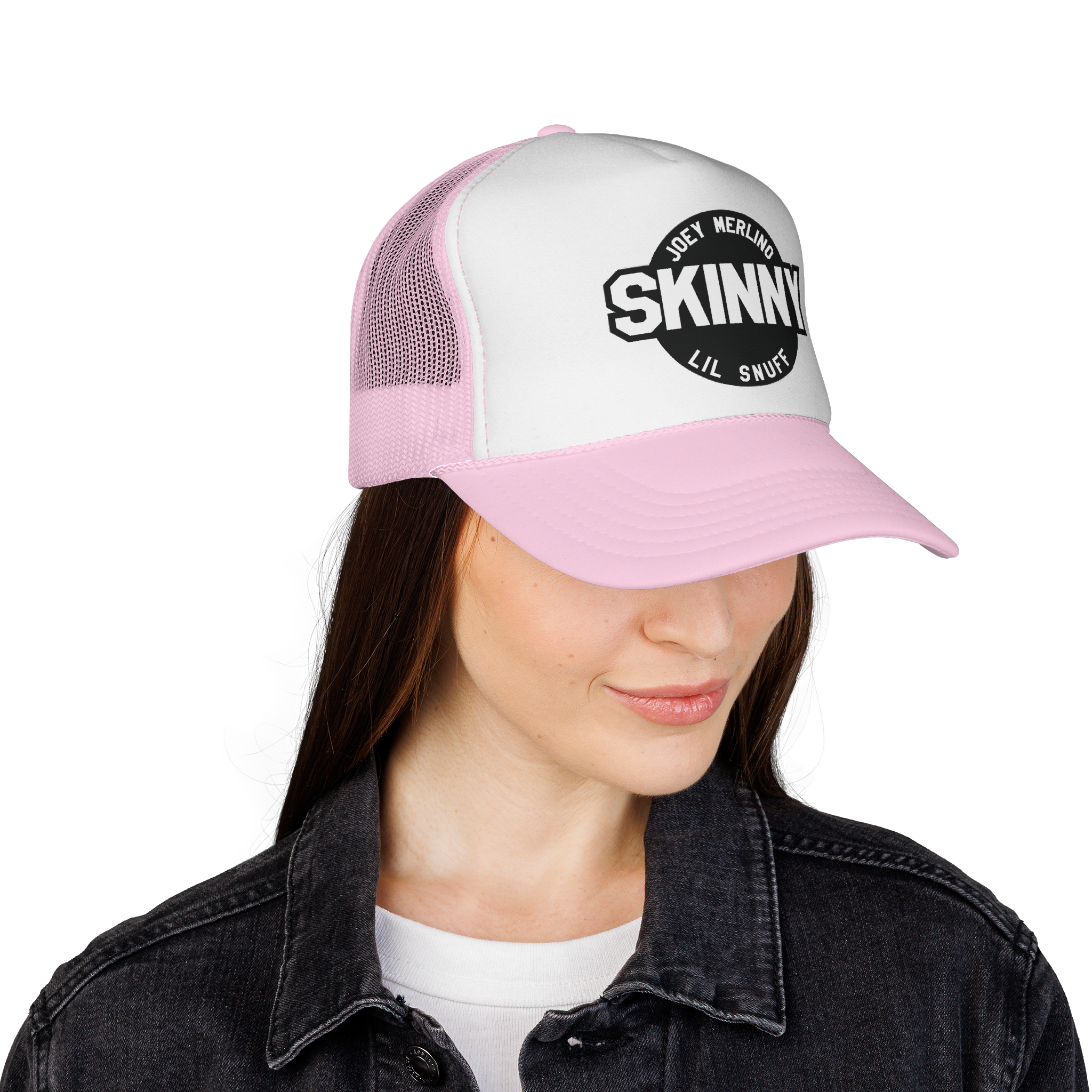 Person wearing a white and pink cap with 'Skinny Lil Snout' logo on a white background