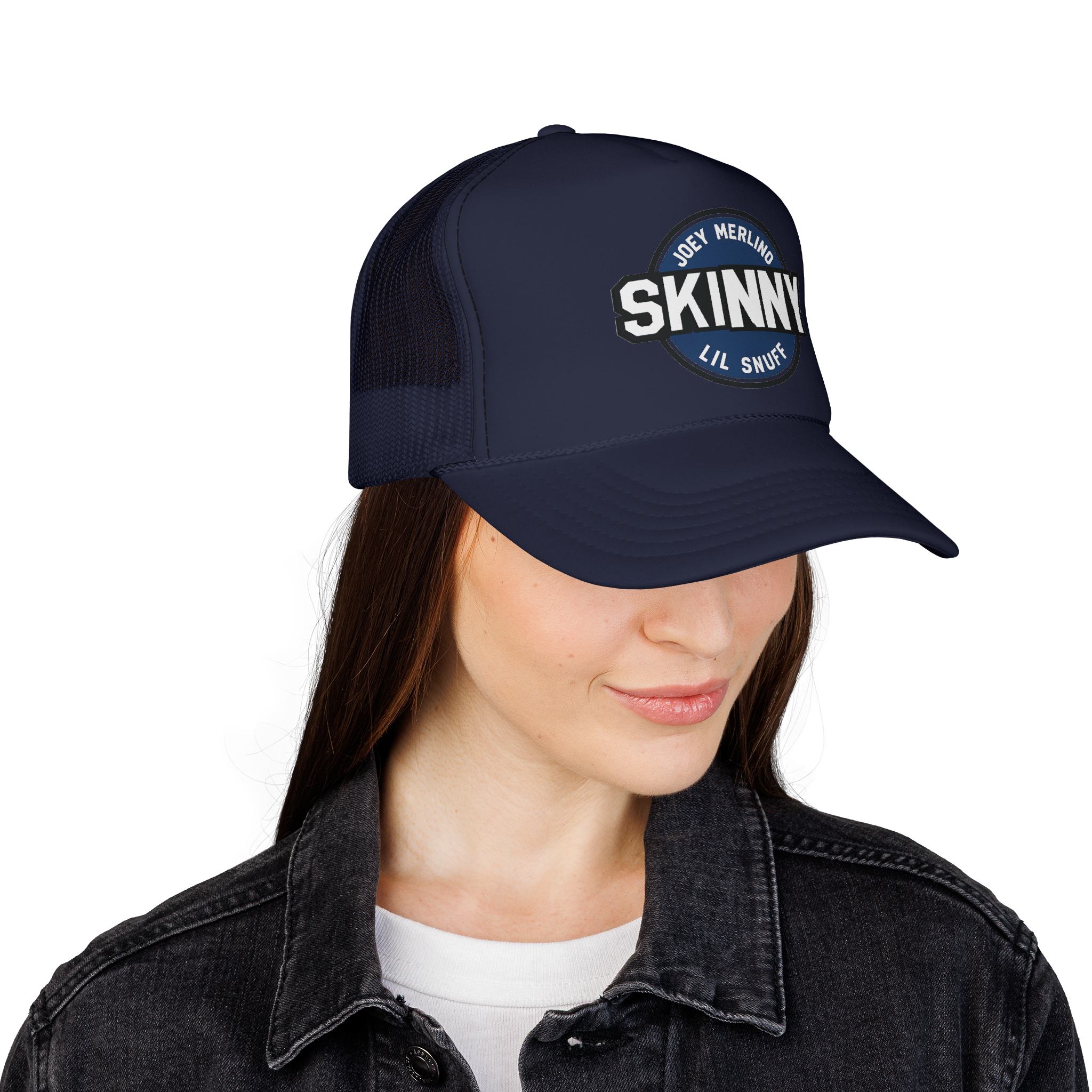 Person wearing a navy blue cap with 'SKINNY' logo on a white background