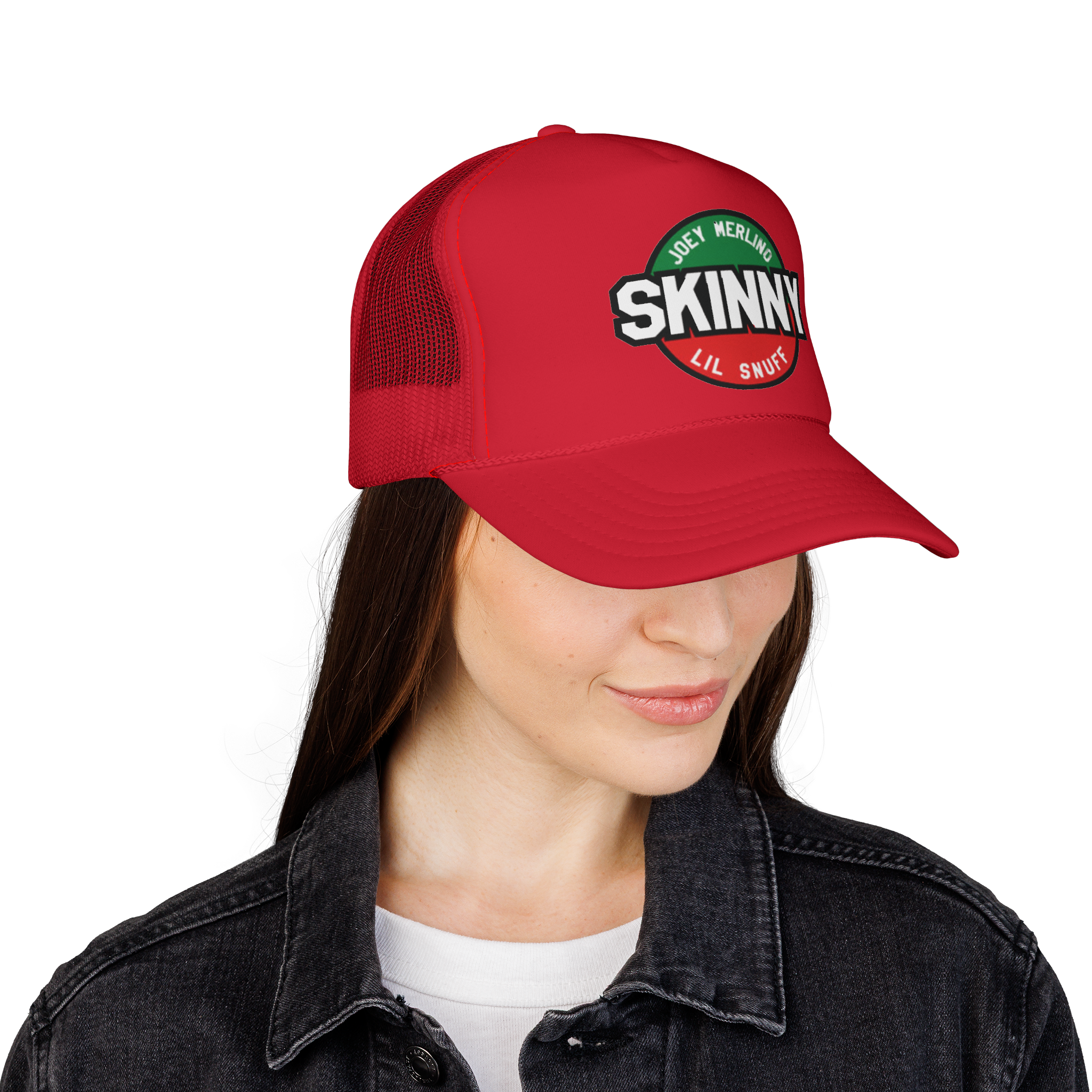 Red cap with 'Skinny' logo worn by a person on a white background