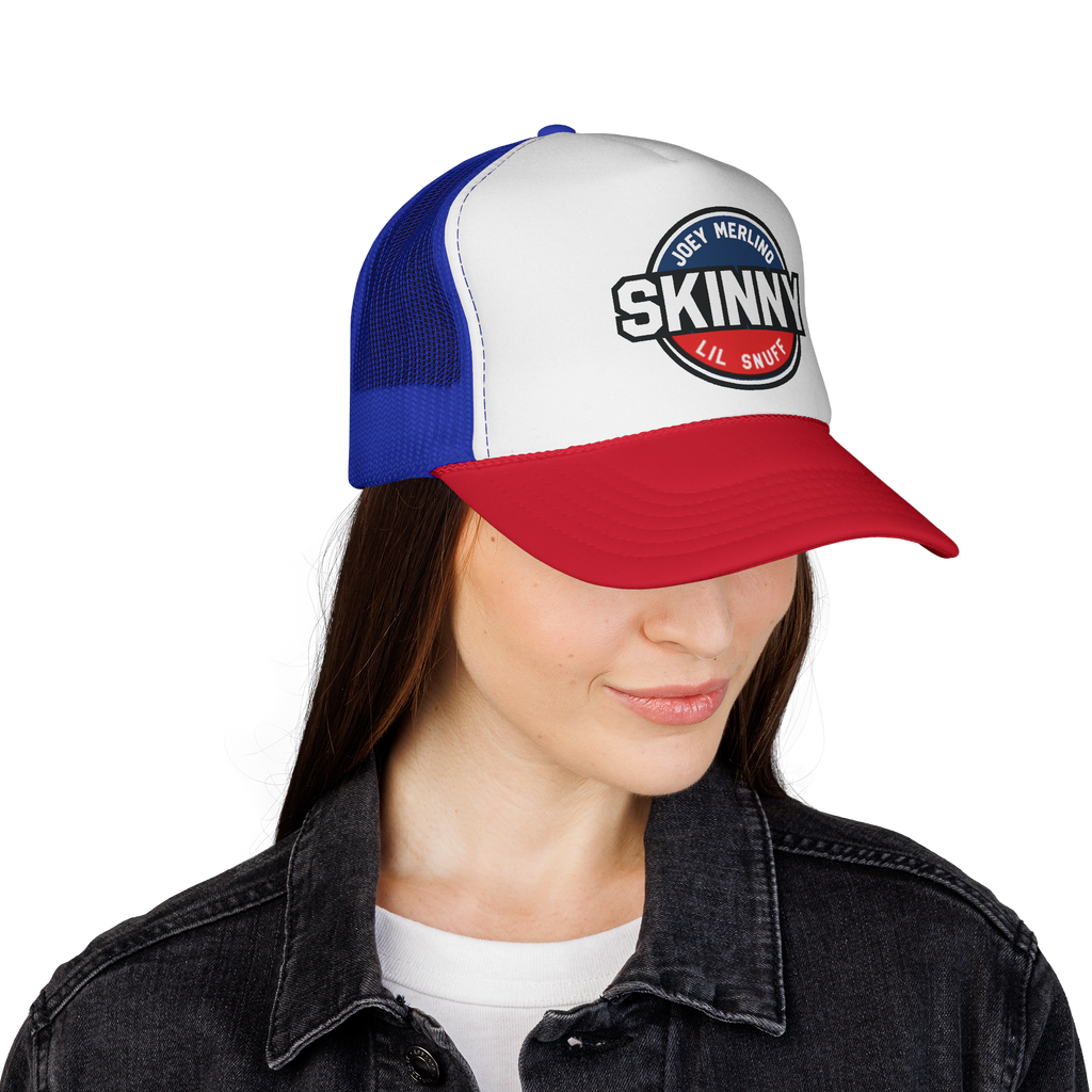 Person wearing a white, blue, and red cap with 'Skinny Lil' Swift' logo on a white background