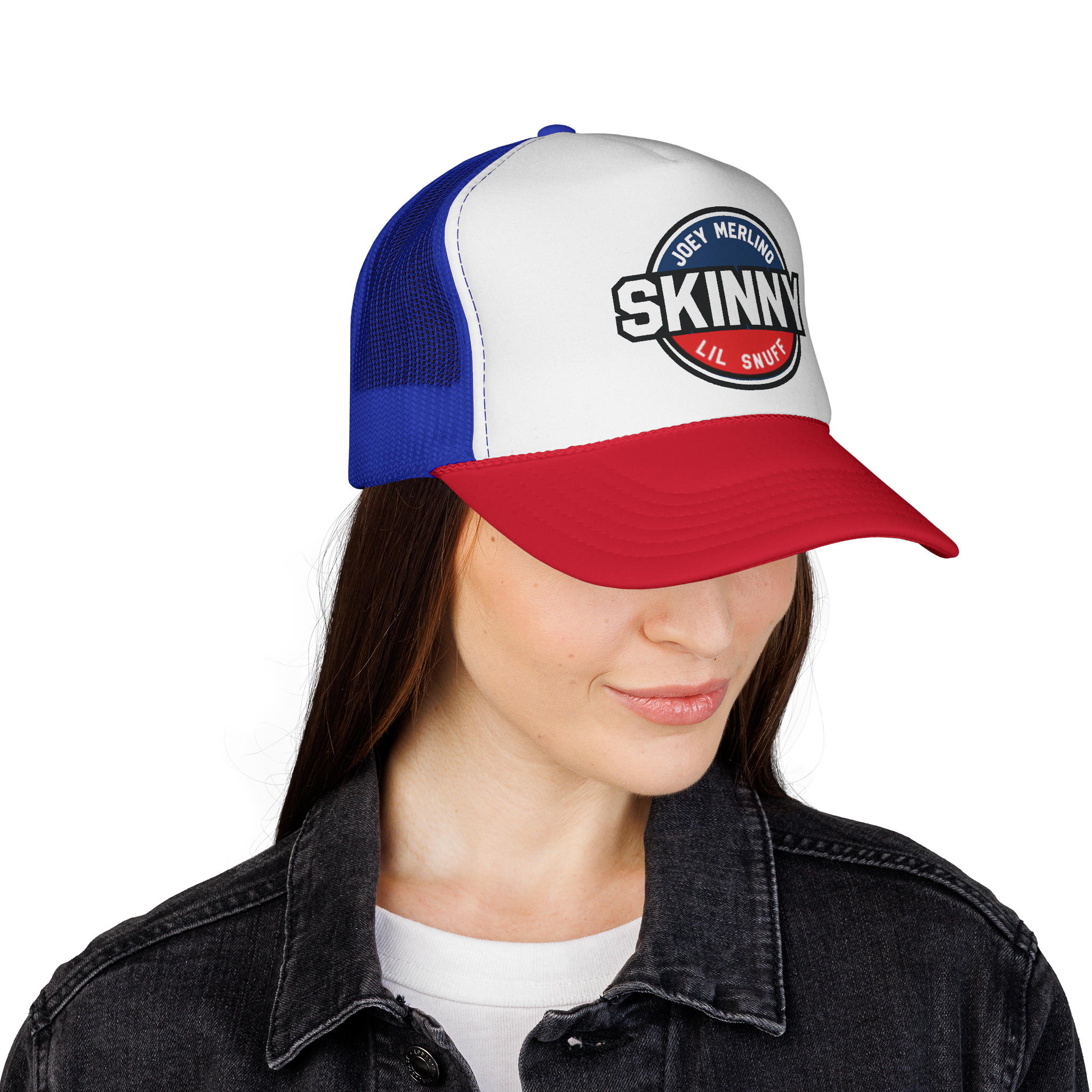 Person wearing a white, blue, and red cap with 'Skinny Lil' Swift' logo on a white background