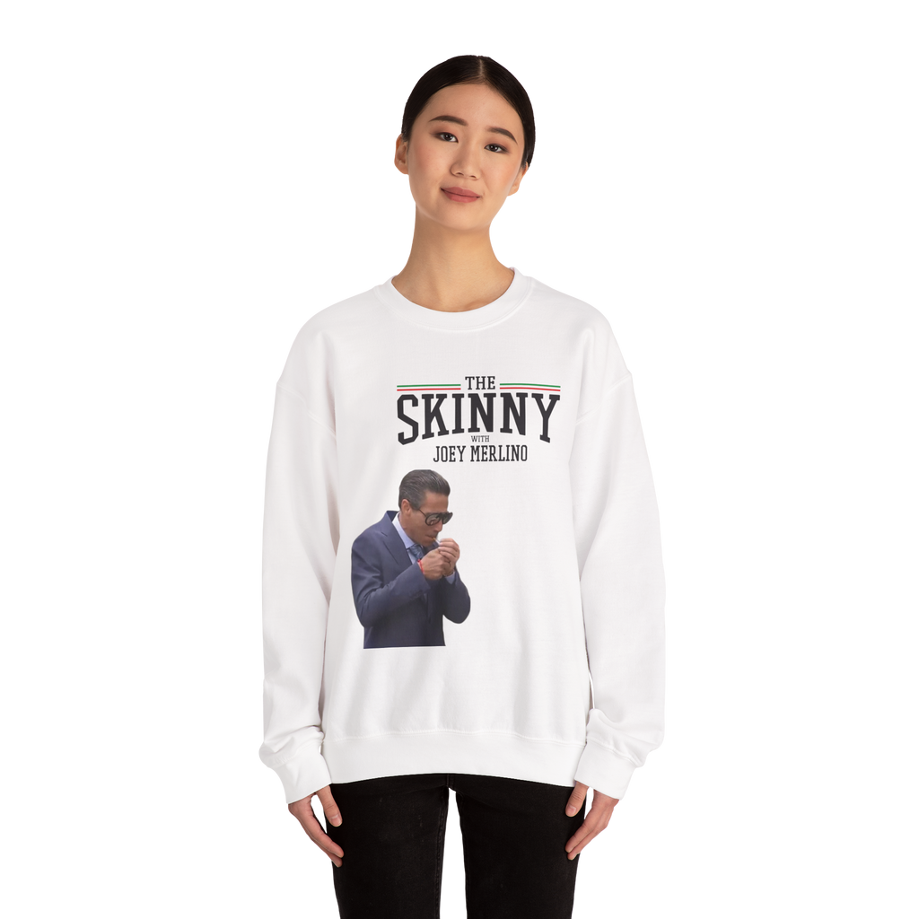 Person wearing a white sweatshirt with a graphic and text on a white background