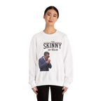 Person wearing a white sweatshirt with a graphic and text on a white background
