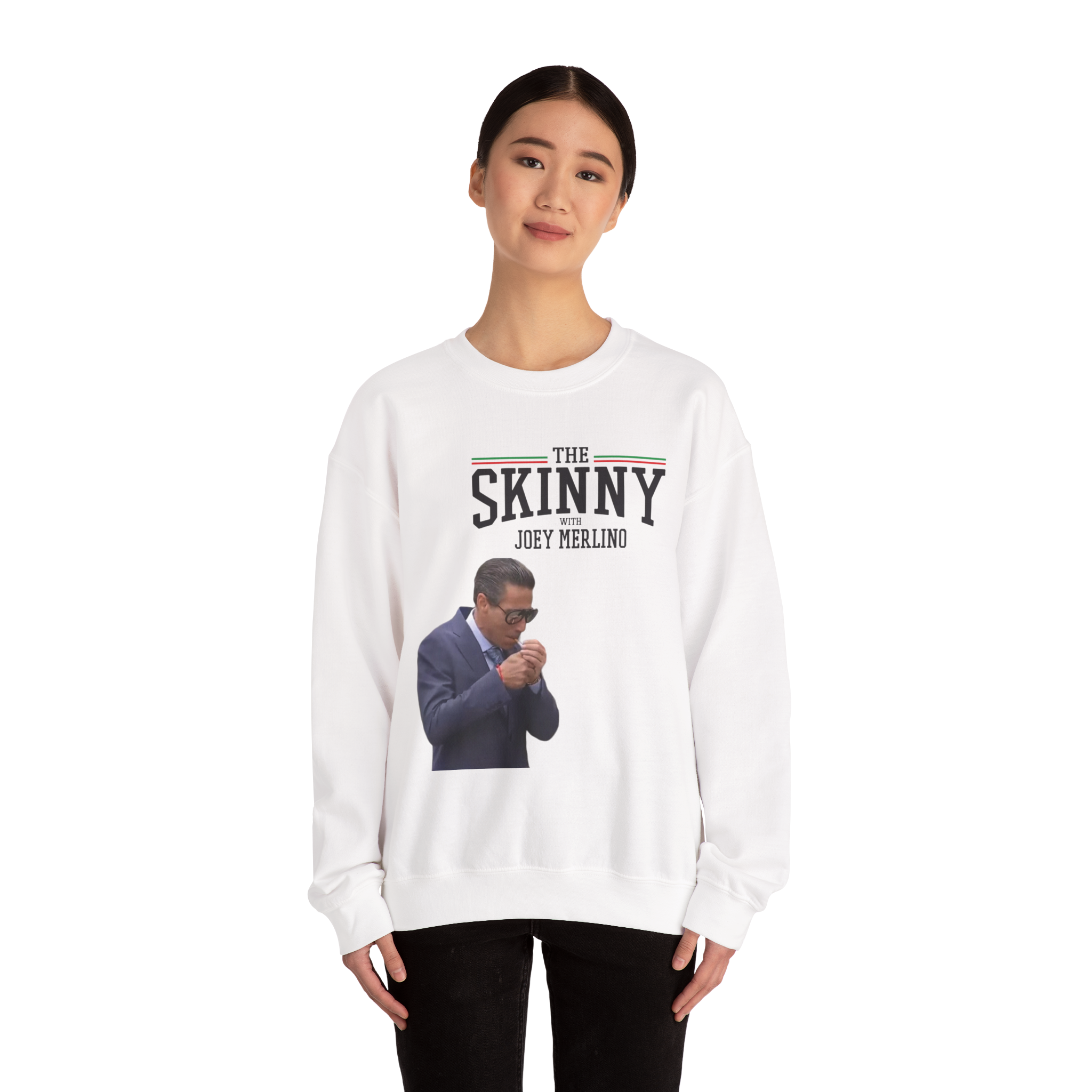 Person wearing a white sweatshirt with a graphic and text on a white background
