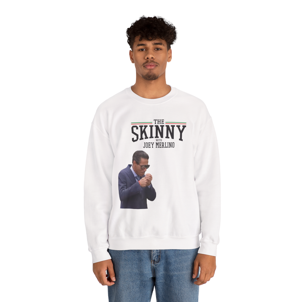 Person wearing a white sweatshirt with a graphic and text on a white background