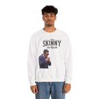 Person wearing a white sweatshirt with a graphic and text on a white background