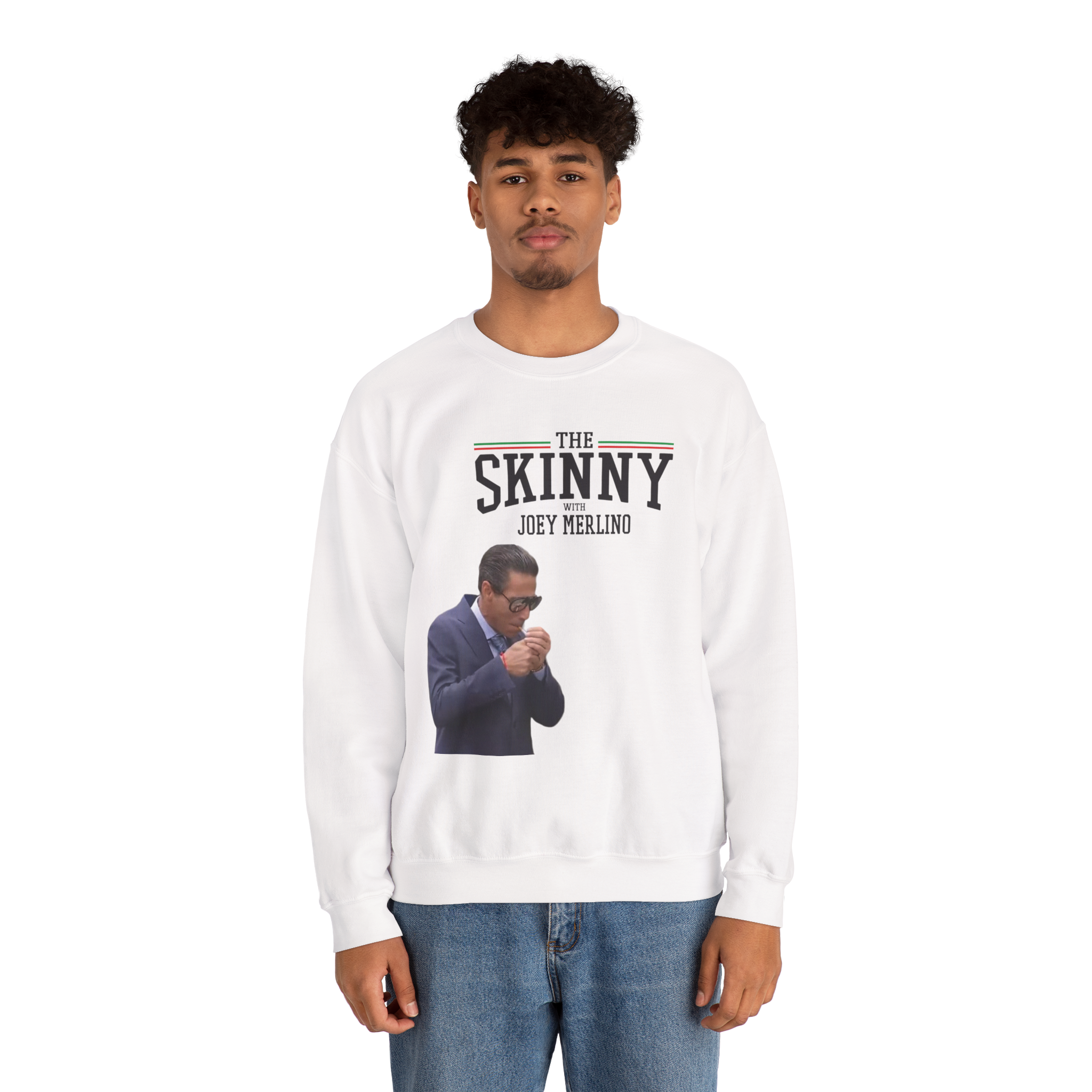 Person wearing a white sweatshirt with a graphic and text on a white background