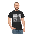 Man wearing a black t-shirt with a graphic design on a white background