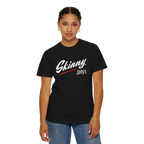 Person wearing a black t-shirt with 'Skinny Joey's' text on a white background