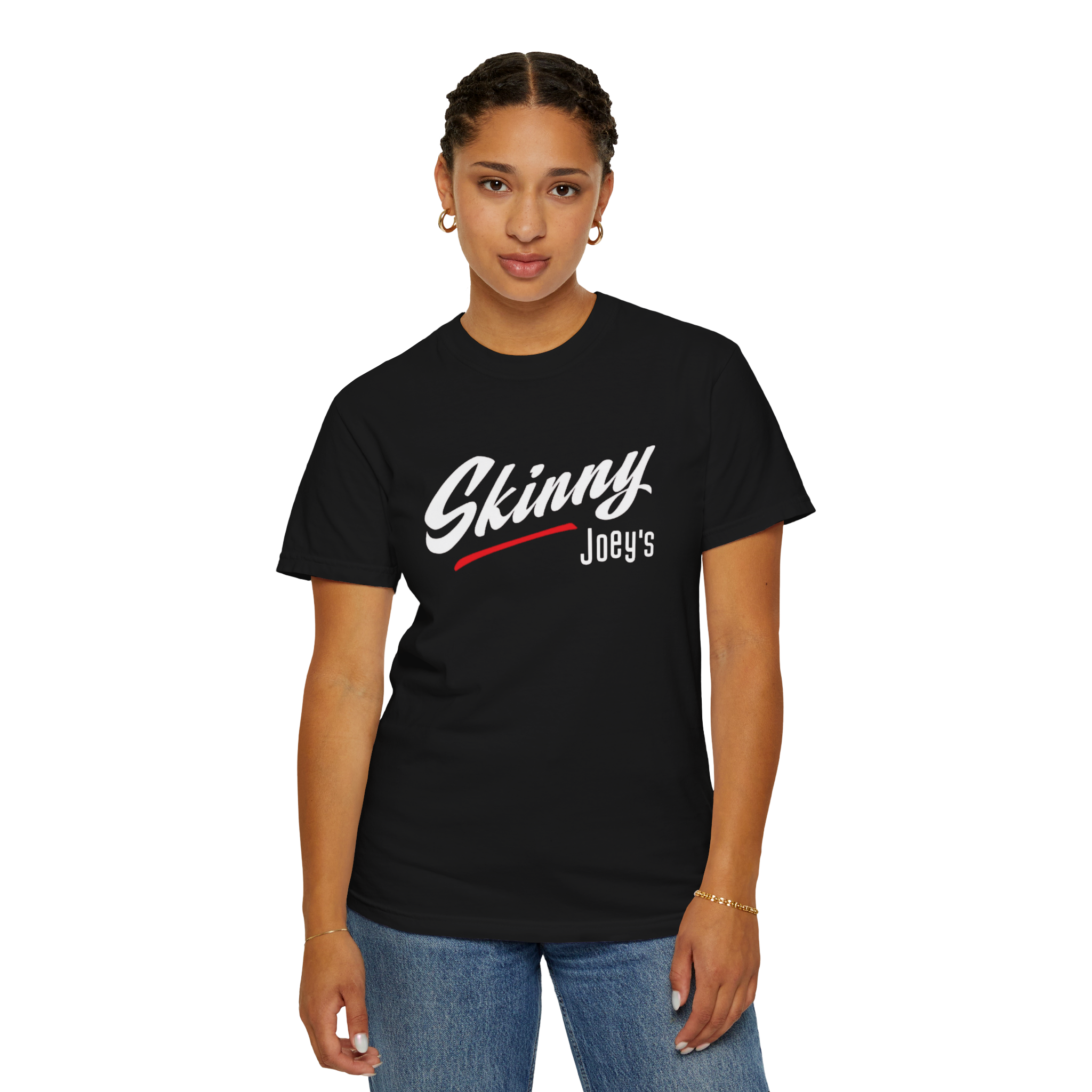 Person wearing a black t-shirt with 'Skinny Joey's' text on a white background