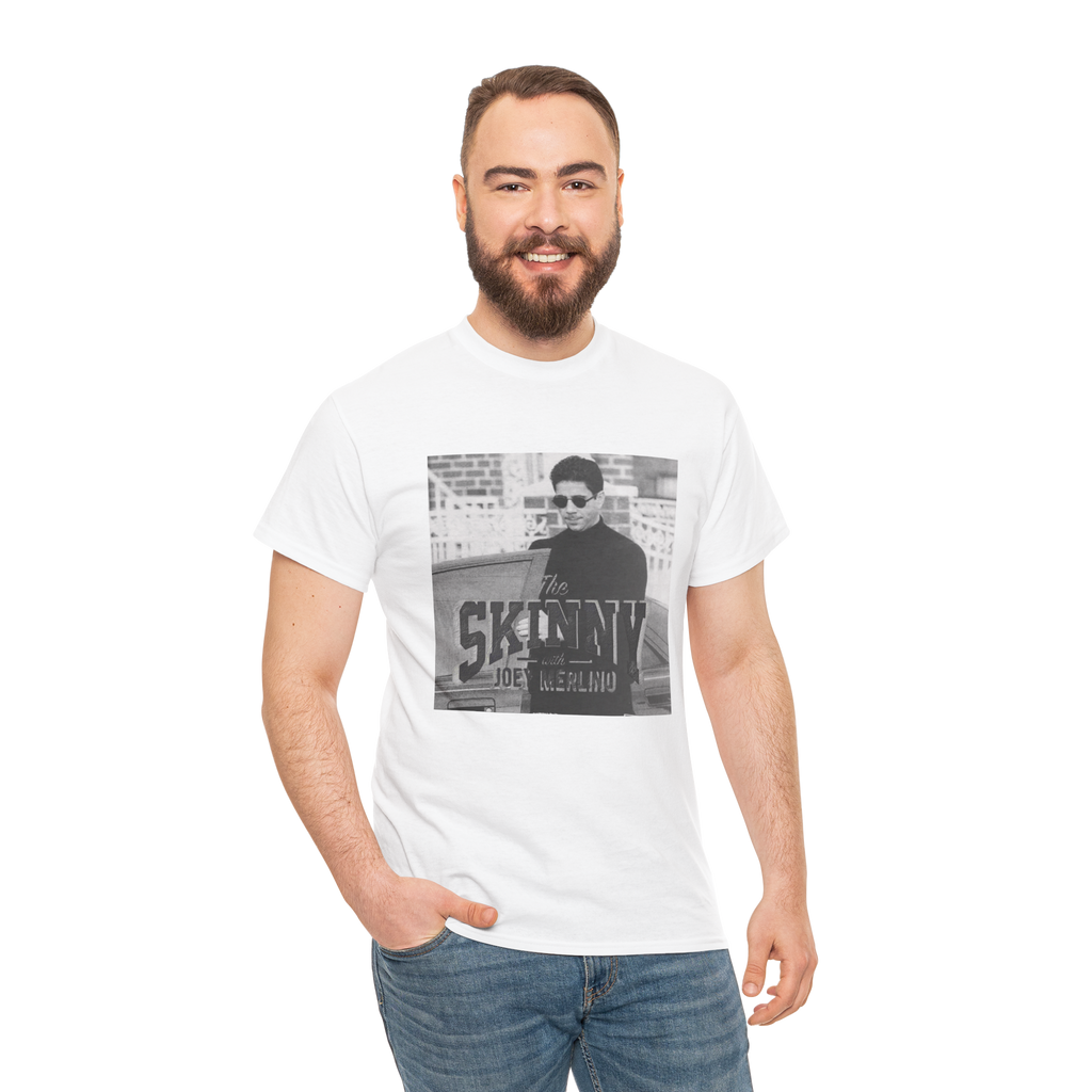 Man wearing a white t-shirt with a graphic design on a white background