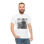 Man wearing a white t-shirt with a graphic design on a white background