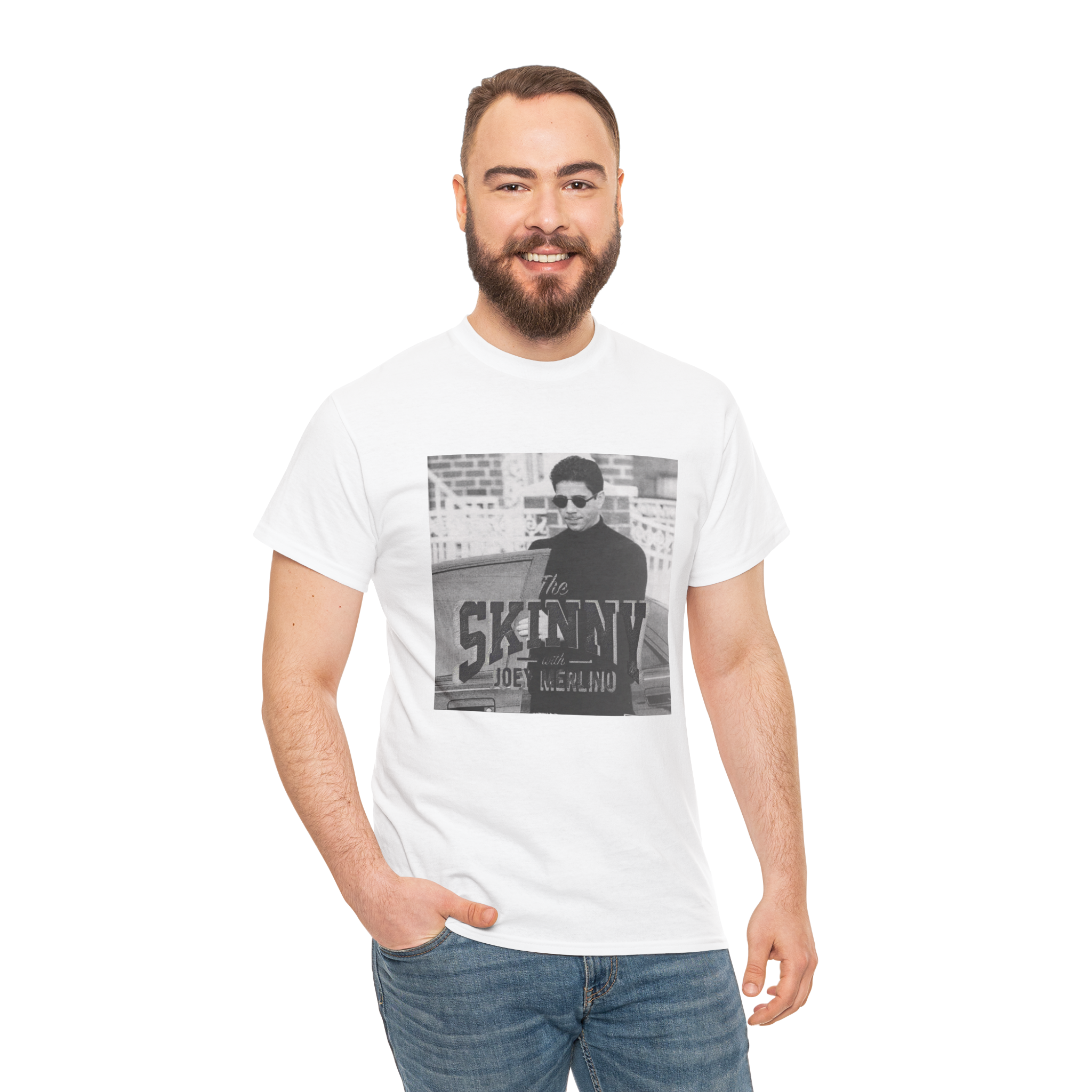 Man wearing a white t-shirt with a graphic design on a white background