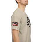 Beige t-shirt with a logo on the sleeve and brand name on the chest against a white background