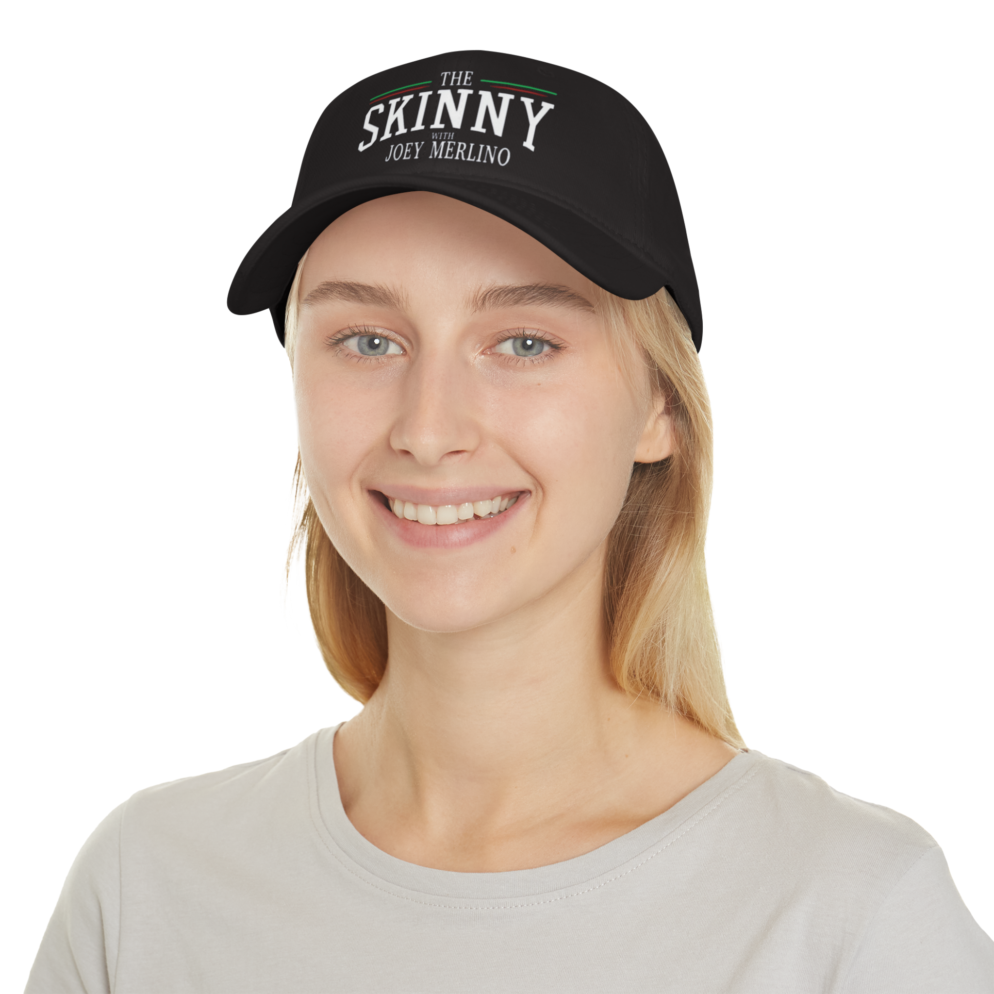 Person wearing a black cap with 'The Skinny' text on a white background