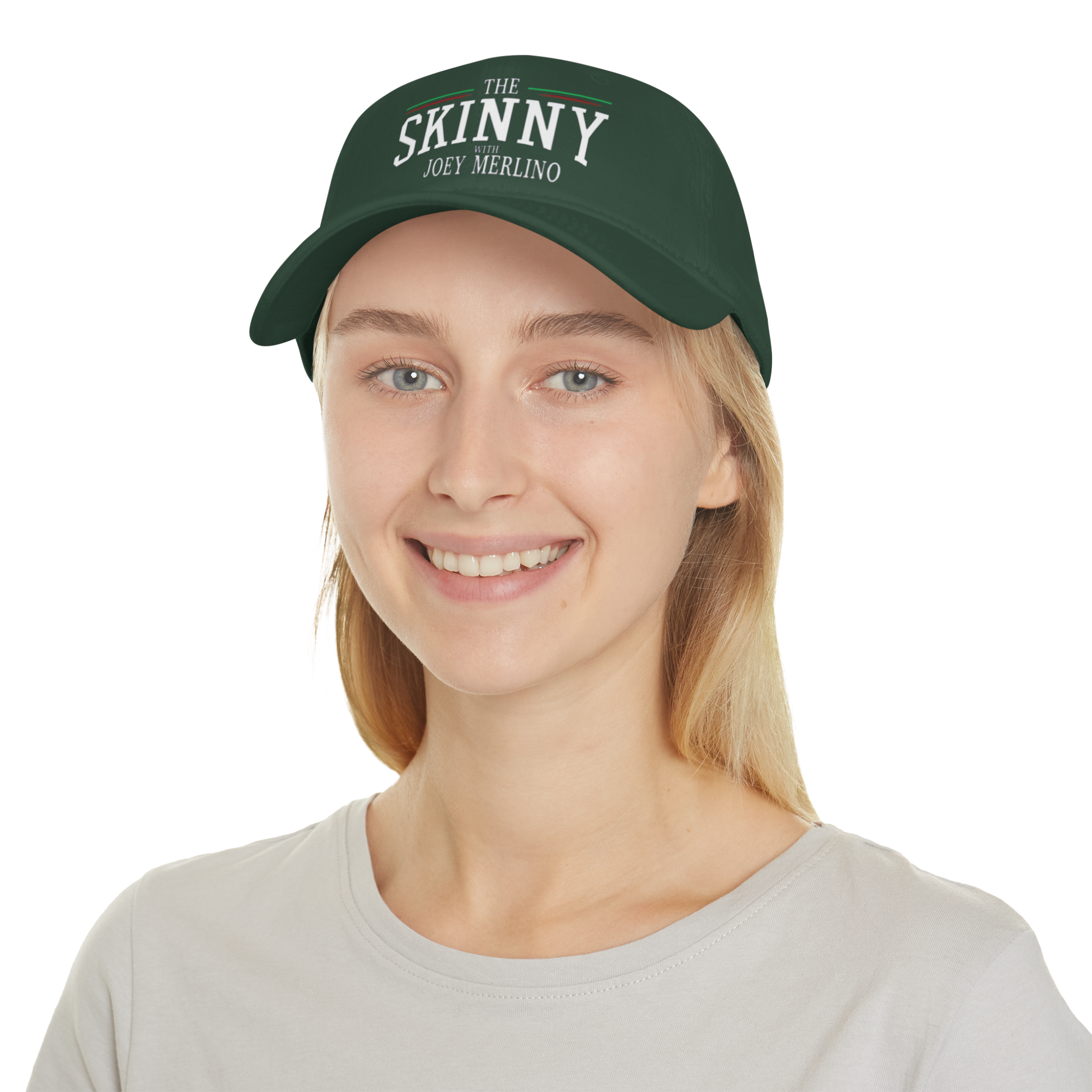 Person wearing a green cap with 'The Skinny' text on a white background