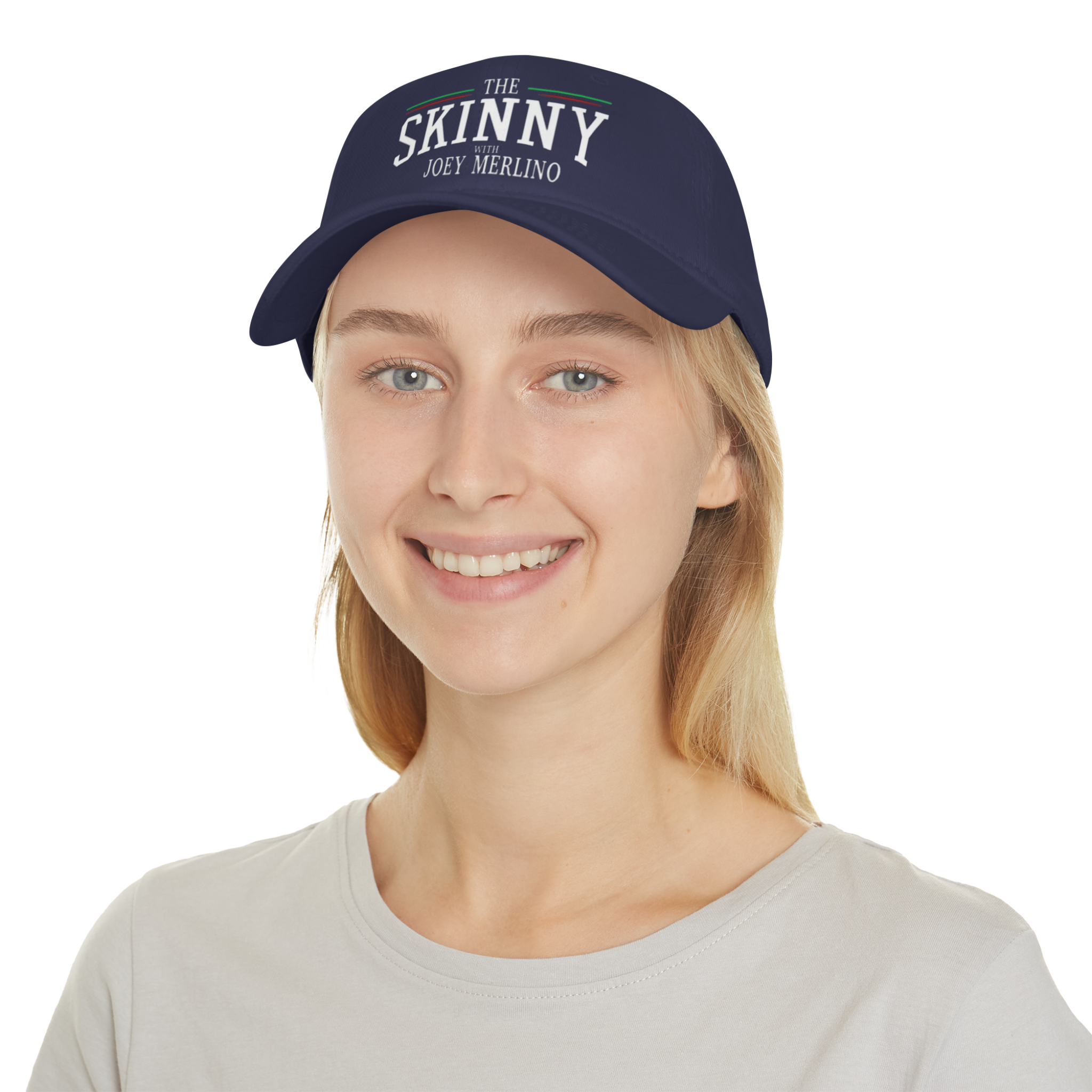 Person wearing a navy blue cap with 'The Skinny' text on a white background