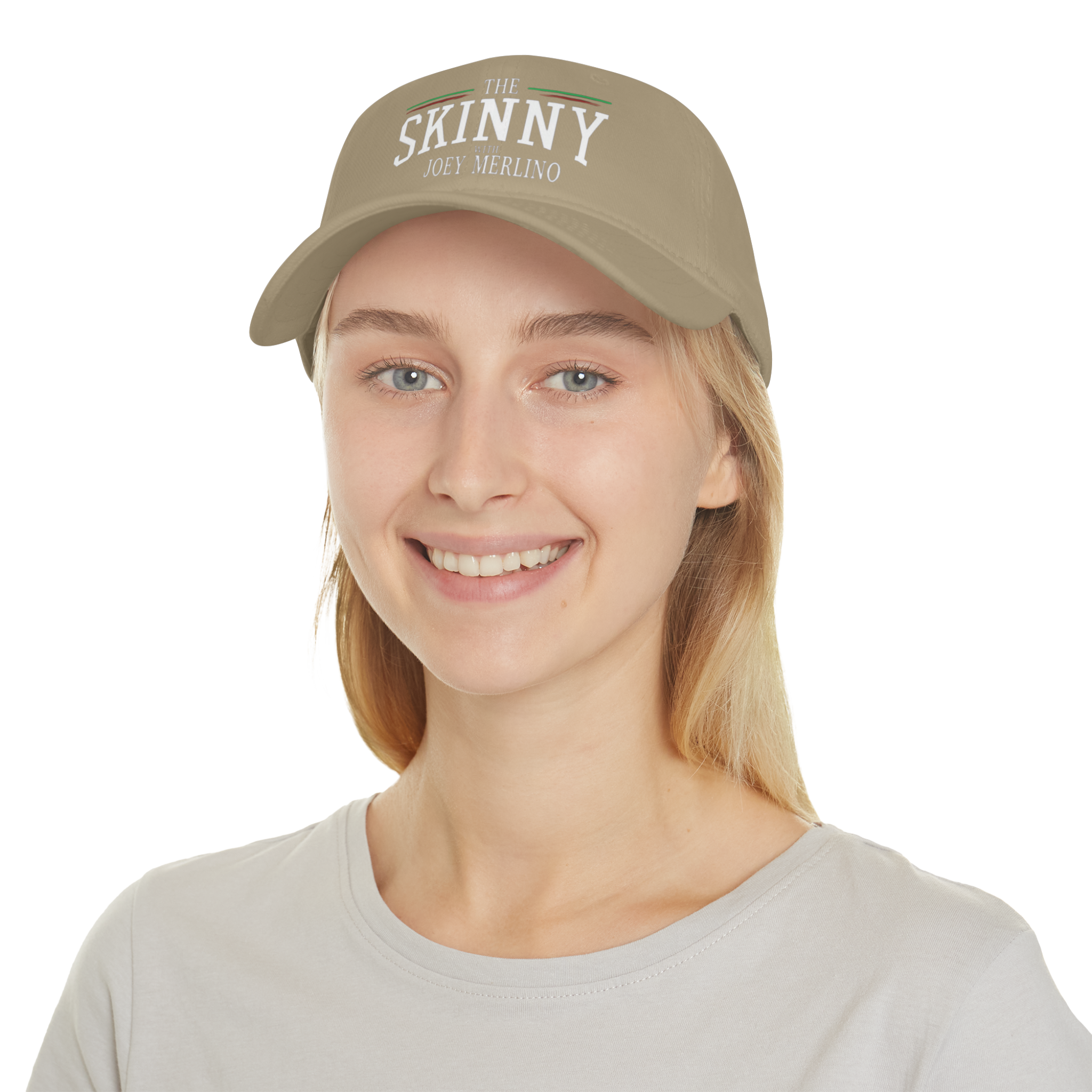 Person wearing a beige cap with 'The Skinny' text on a white background